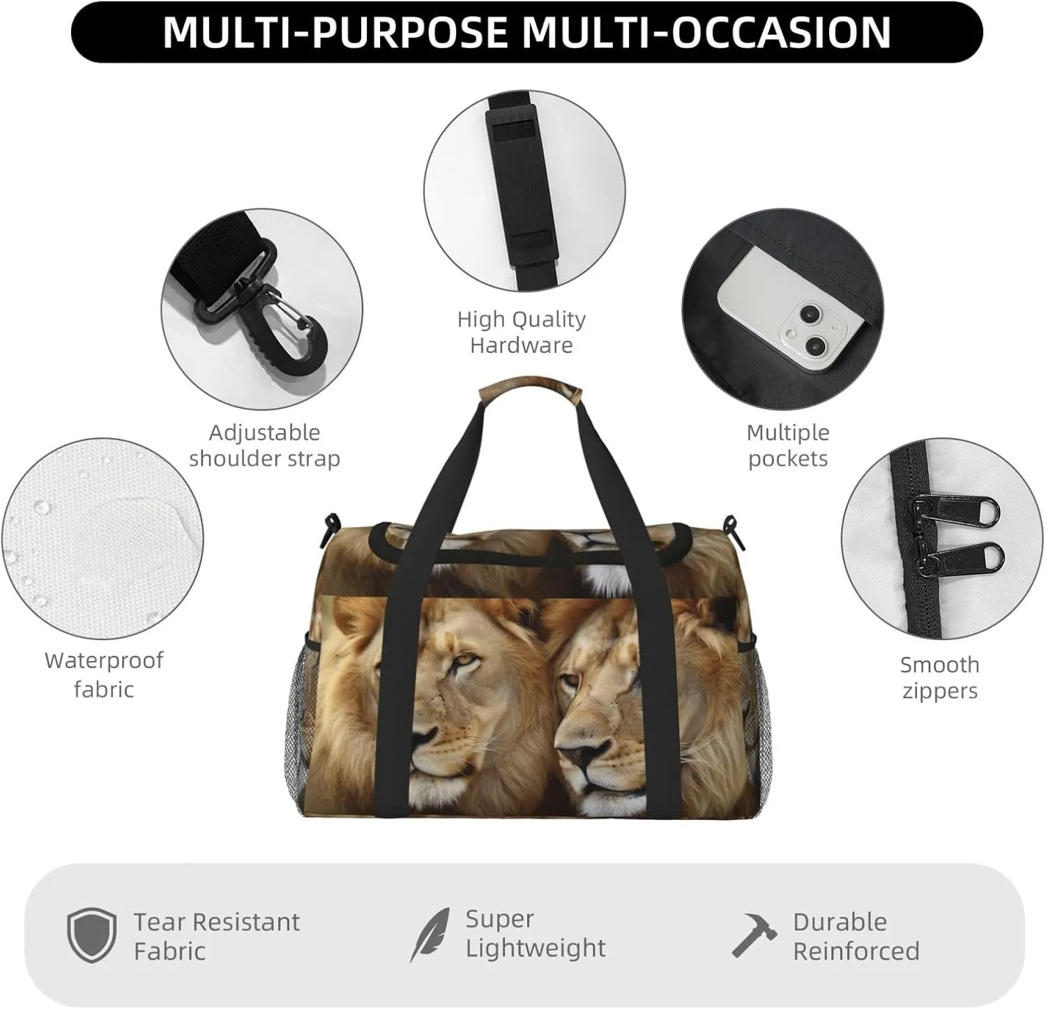 Gym Bag two lions Duffel Bag for Men Women Travel Overnight Bag with Shoe Compartment Workout Bags
