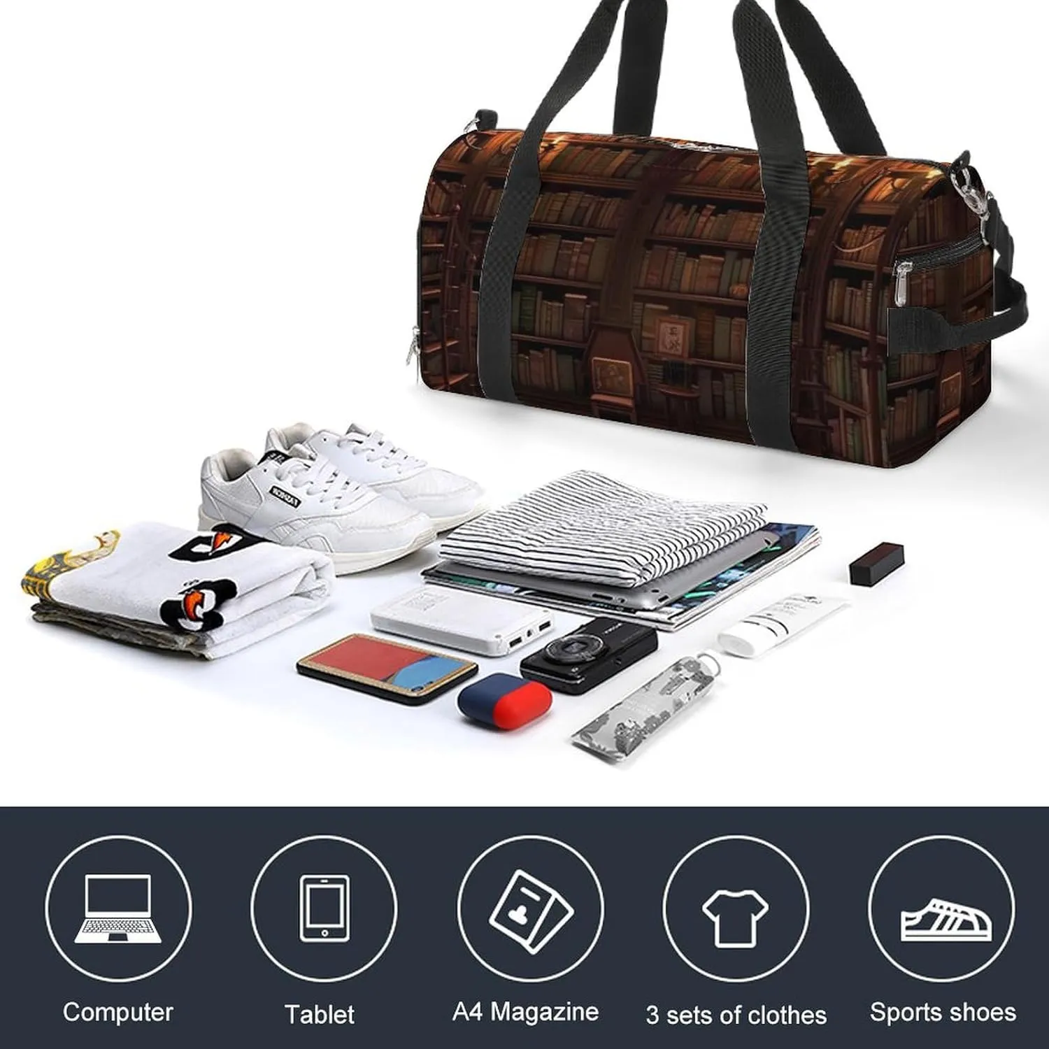 Gym Bags for Men Women Book Room Library Duffle Bag Travel Overnight Bag with Shoe Compartment Tote Bags