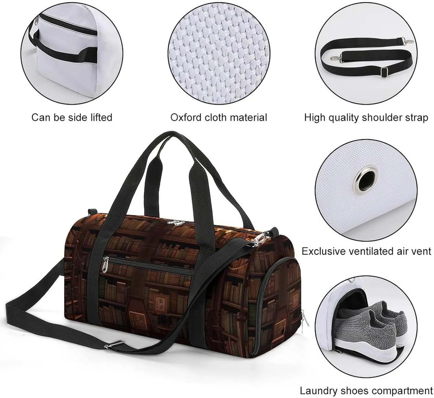 Gym Bags for Men Women Book Room Library Duffle Bag Travel Overnight Bag with Shoe Compartment Tote Bags
