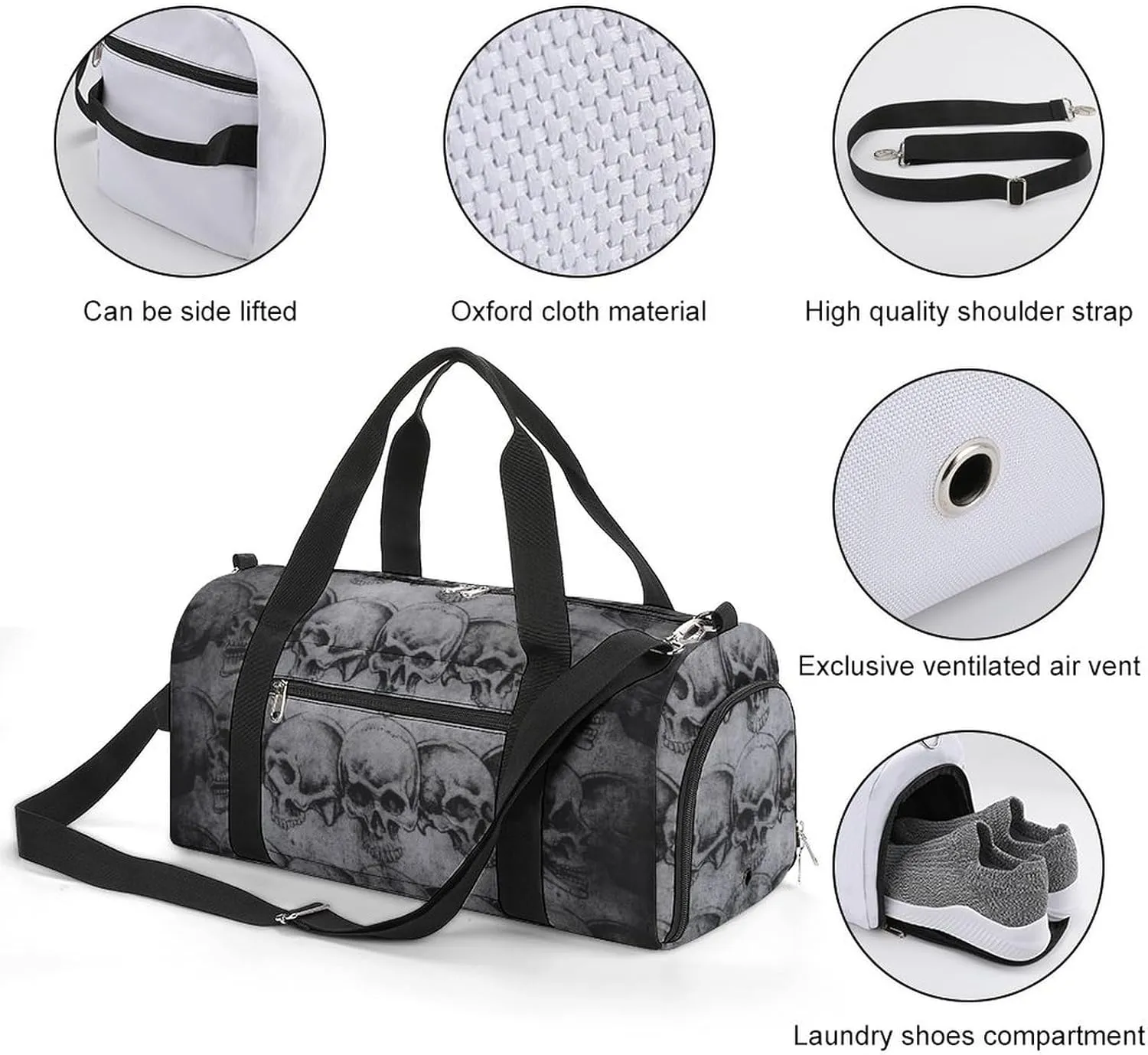 Gym Duffel Bag with Shoe Compartment Wet Pocket, Art-Skulls Print Travel Bag for Men Women