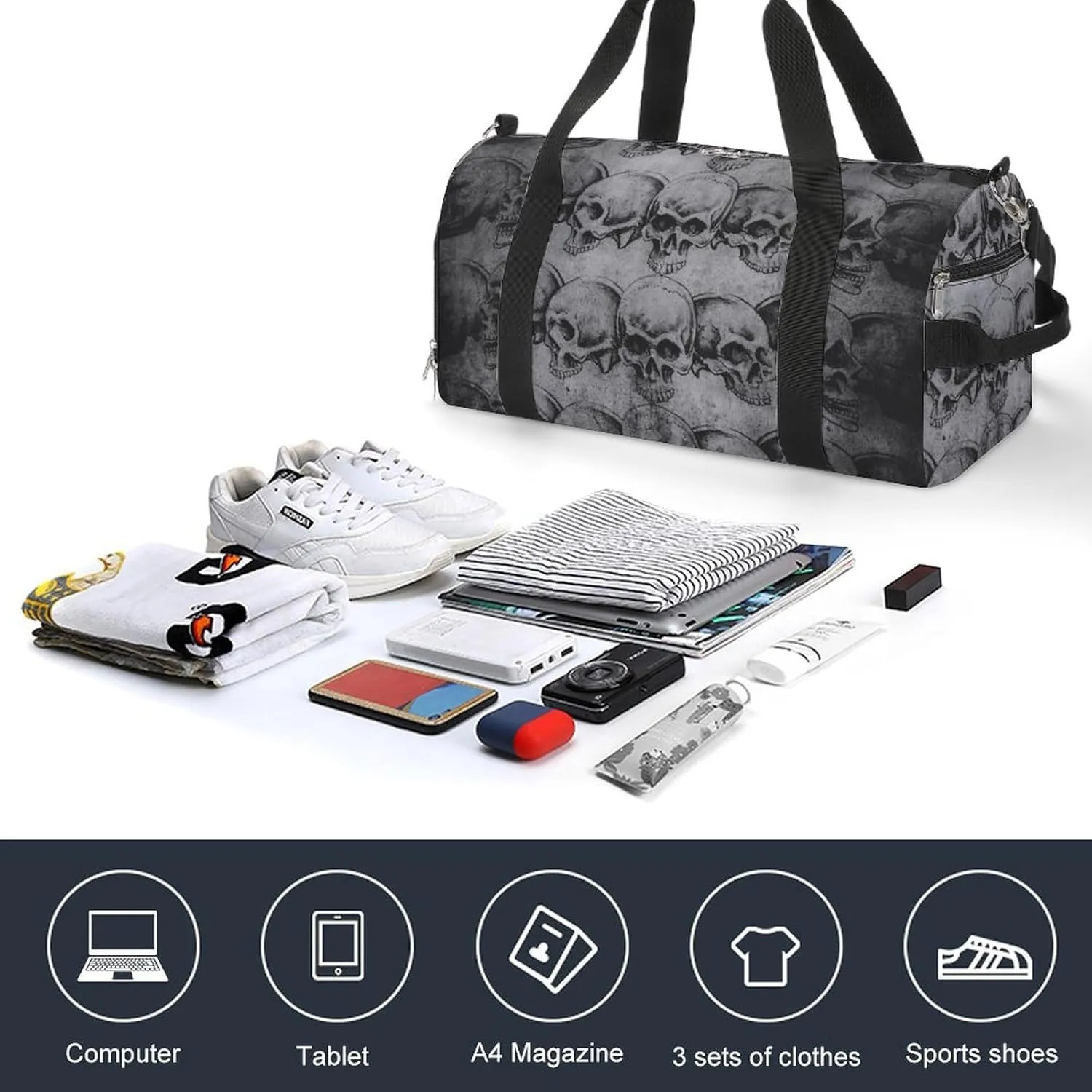 Gym Duffel Bag with Shoe Compartment Wet Pocket, Art-Skulls Print Travel Bag for Men Women