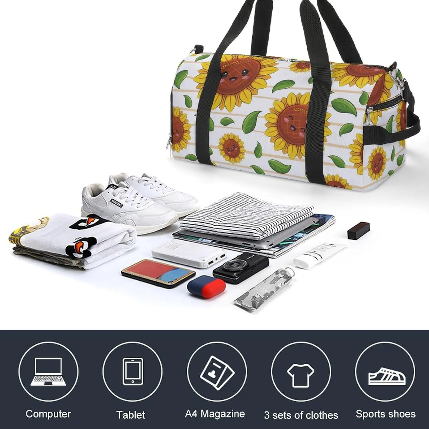 Gym Duffel Bag with Shoe Compartment Wet Pocket, Cute Sunflowers Kawaii Travel Bag for Men Women