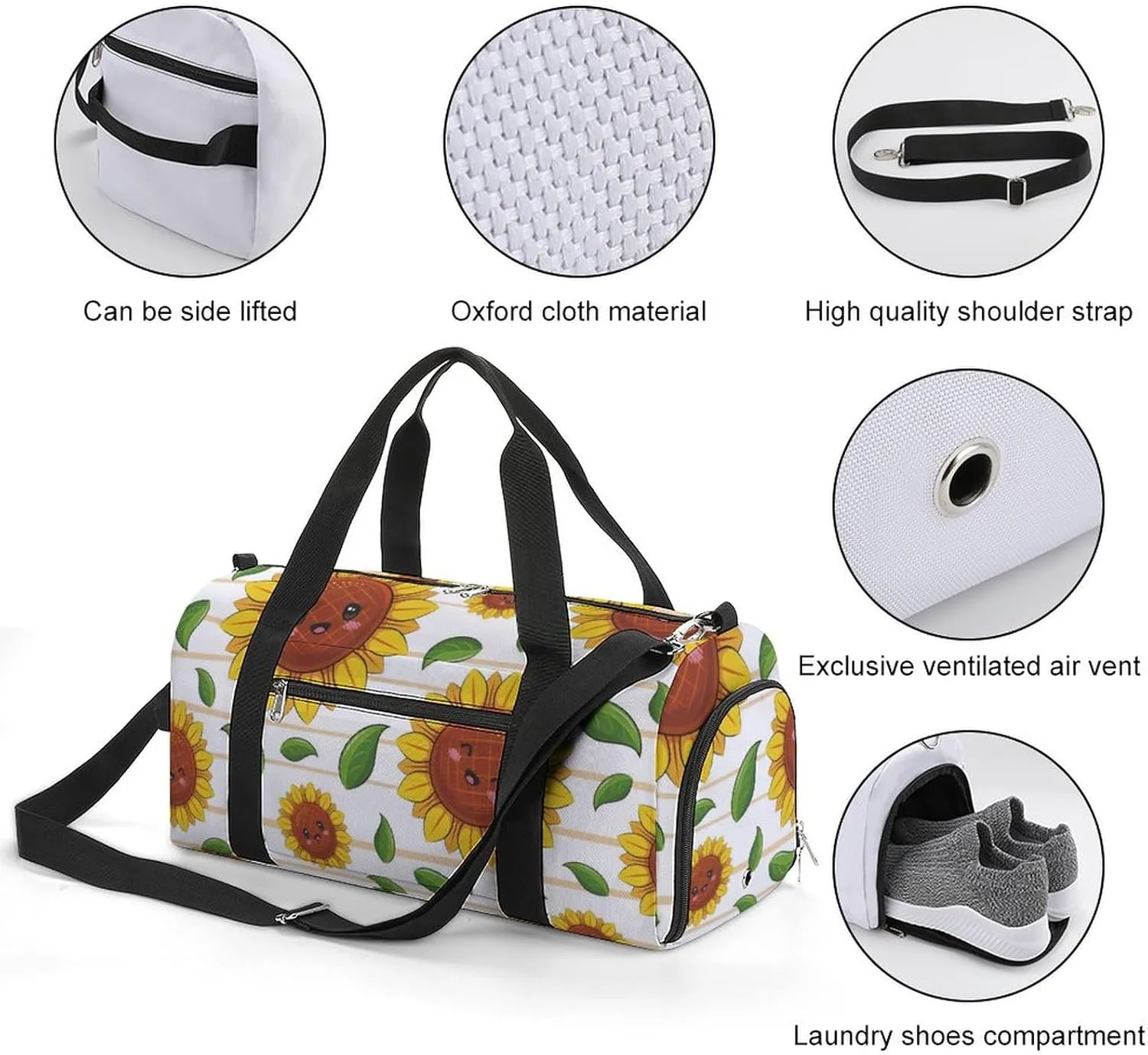 Gym Duffel Bag with Shoe Compartment Wet Pocket, Cute Sunflowers Kawaii Travel Bag for Men Women