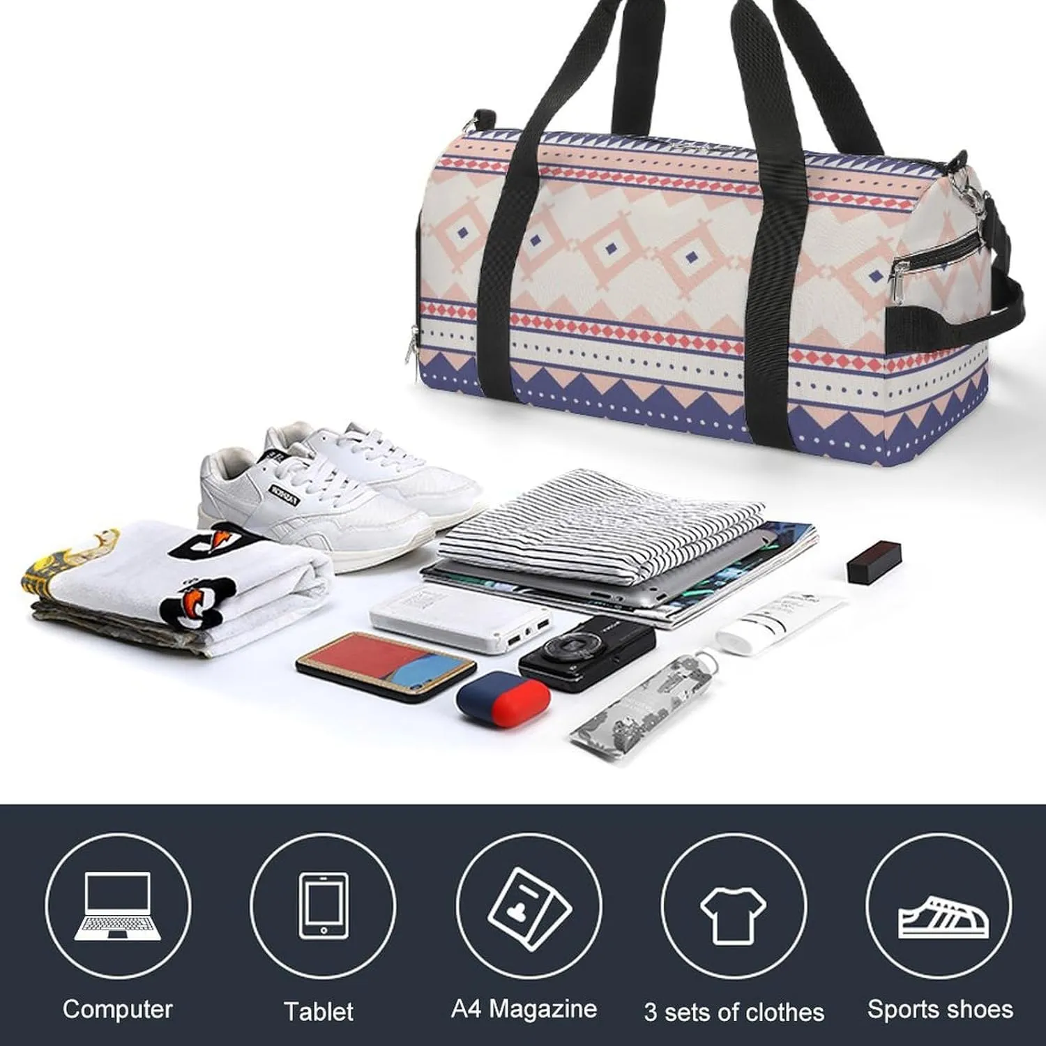 Gym Duffel Bag with Shoe Compartment Wet Pocket, Ethnic Pattern Travel Bag for Men Women, style-4