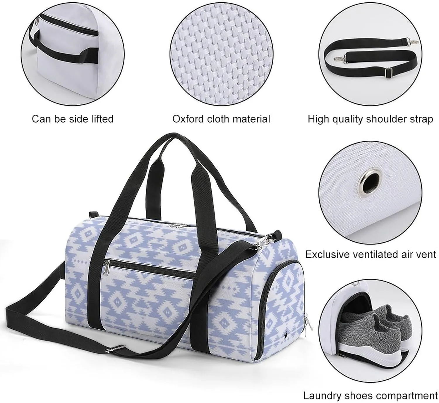 Gym Duffel Bag with Shoe Compartment Wet Pocket, Ethnic White Travel Bag for Men Women