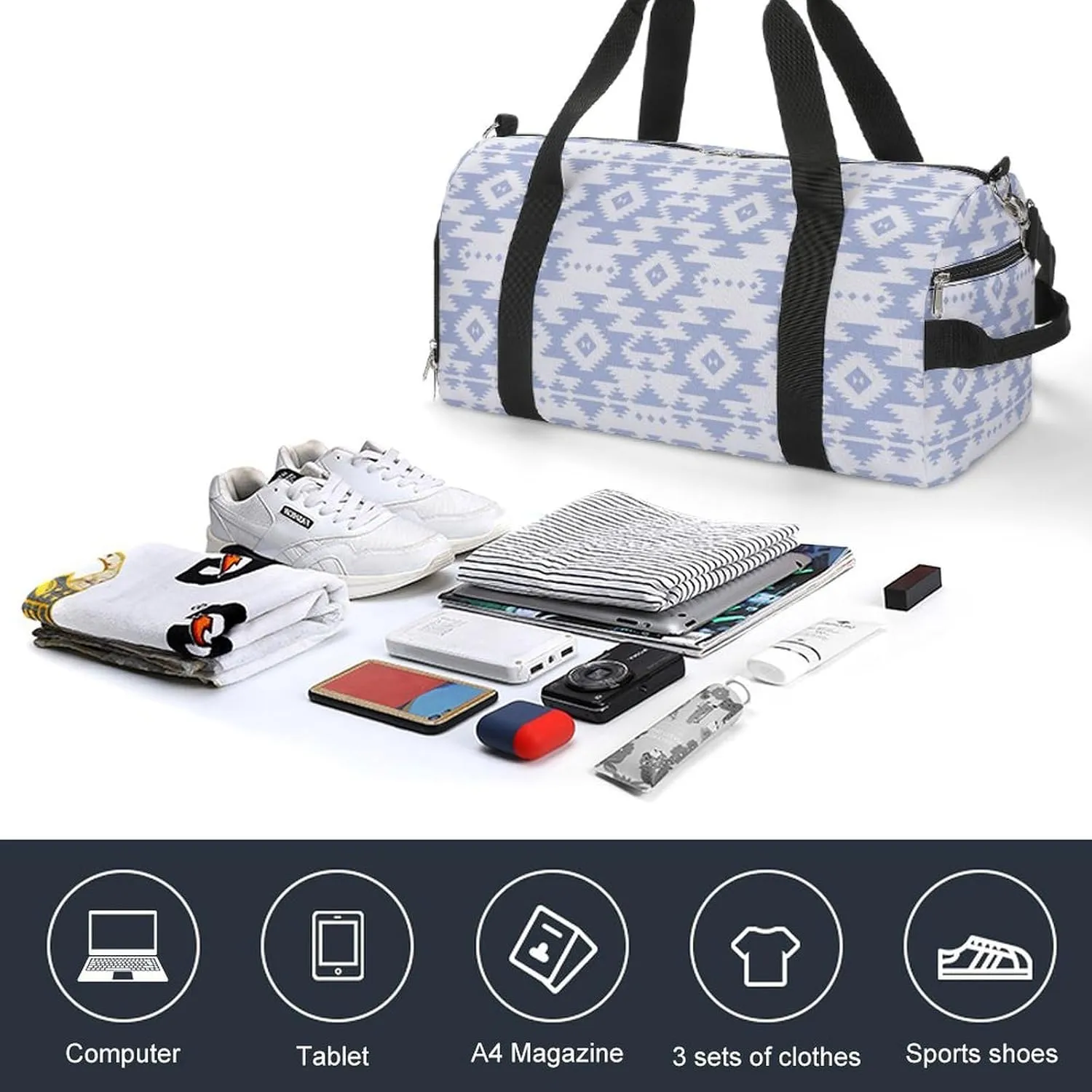 Gym Duffel Bag with Shoe Compartment Wet Pocket, Ethnic White Travel Bag for Men Women