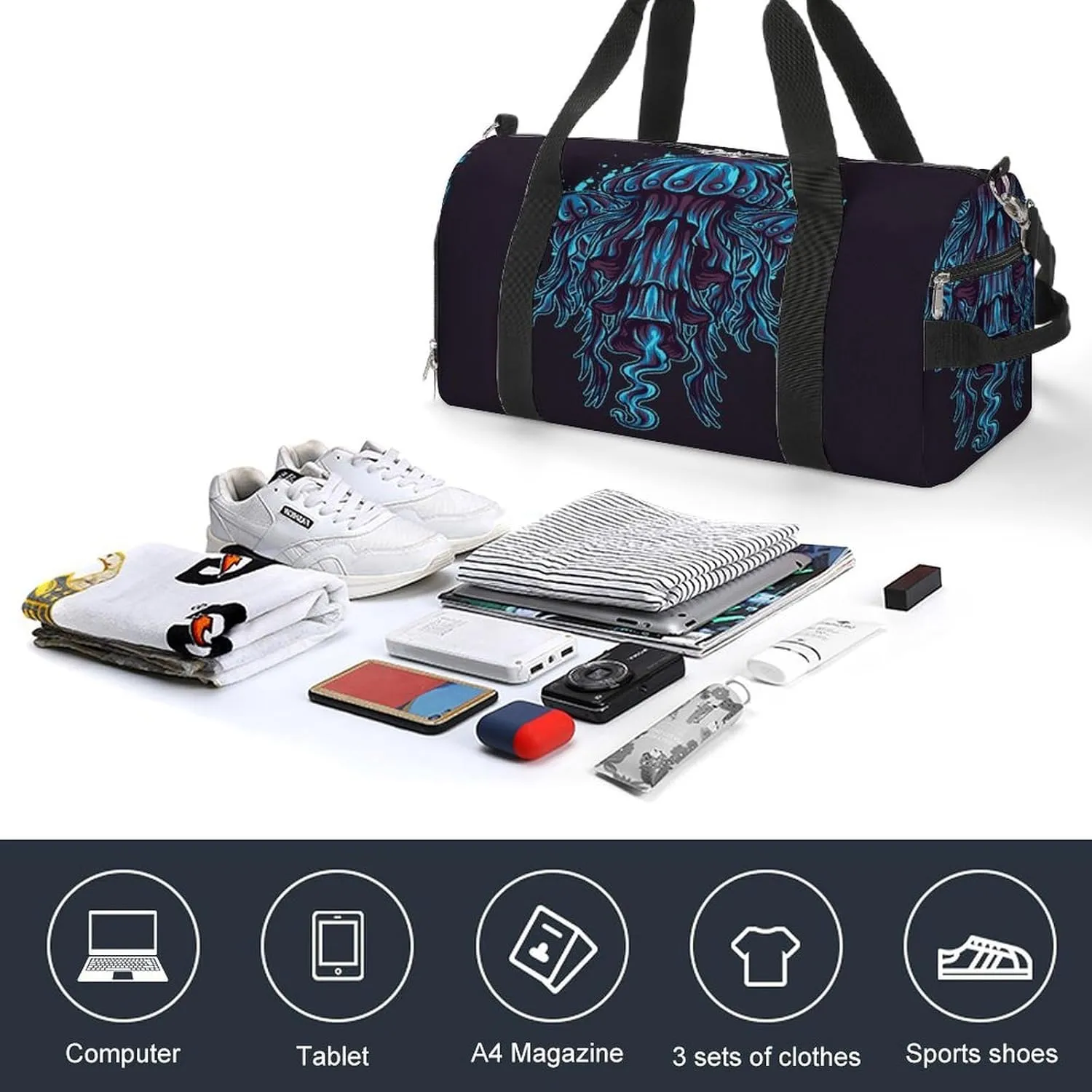 Gym Duffel Bag with Shoe Compartment Wet Pocket, Jelly Fish Summer Travel Bag for Men Women