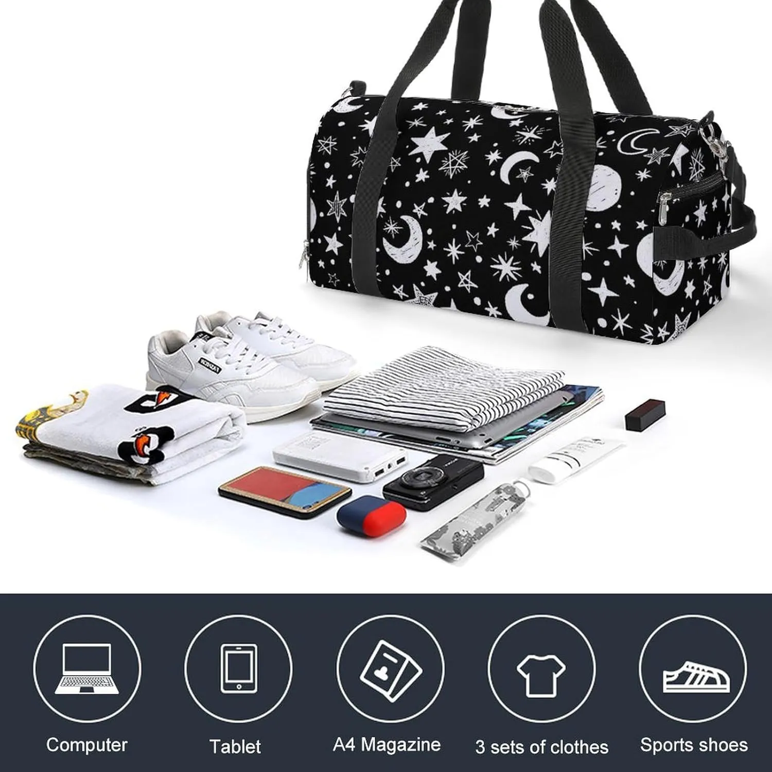 Gym Duffel Bag with Shoe Compartment Wet Pocket, Moons-stars-black-white Travel Bag for Men Women