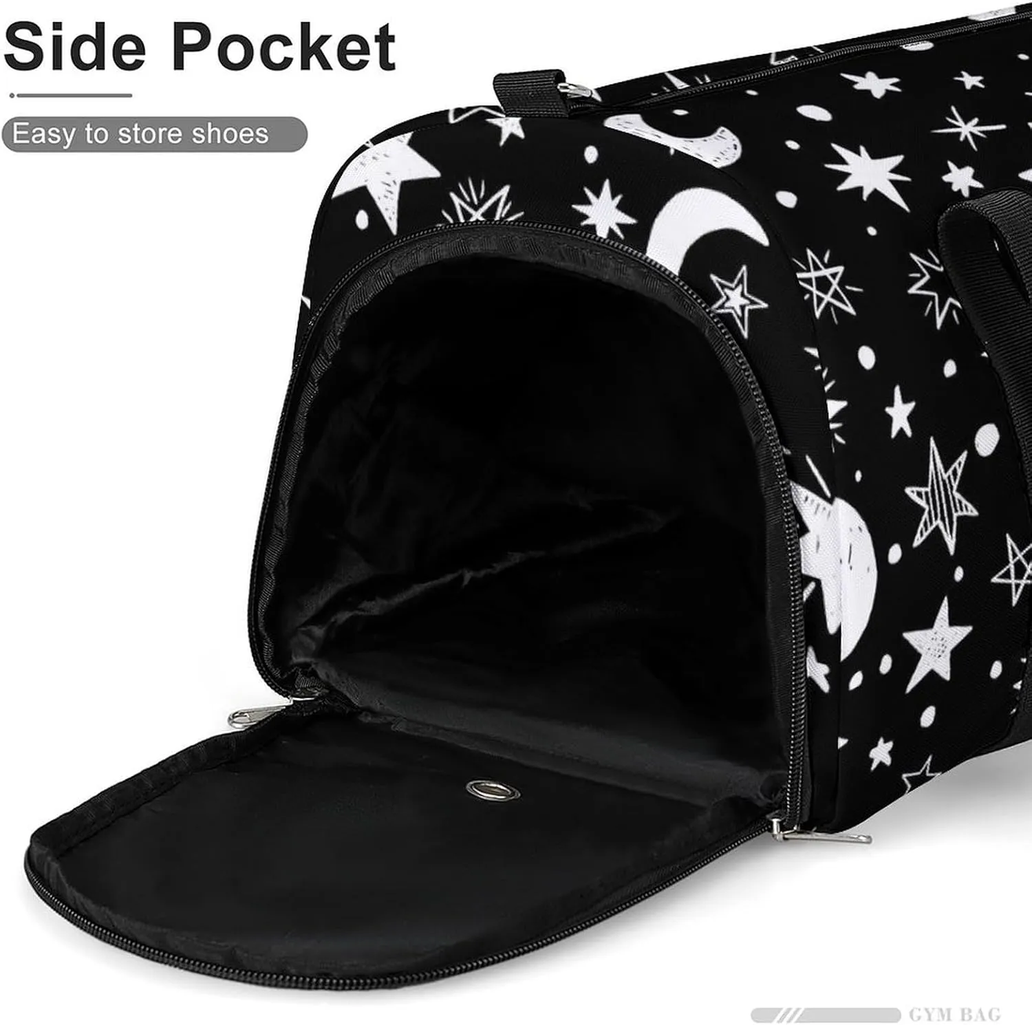 Gym Duffel Bag with Shoe Compartment Wet Pocket, Moons-stars-black-white Travel Bag for Men Women
