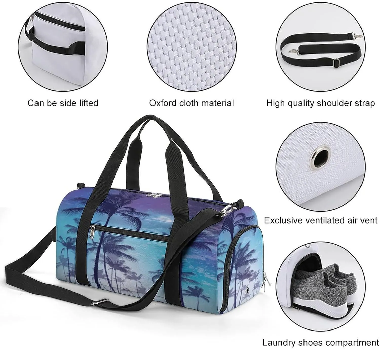 Gym Duffel Bag with Shoe Compartment Wet Pocket, Palms Trees Night Moon Travel Bag for Men Women