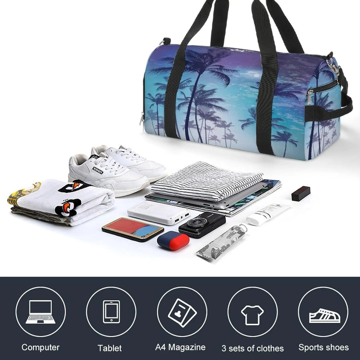 Gym Duffel Bag with Shoe Compartment Wet Pocket, Palms Trees Night Moon Travel Bag for Men Women