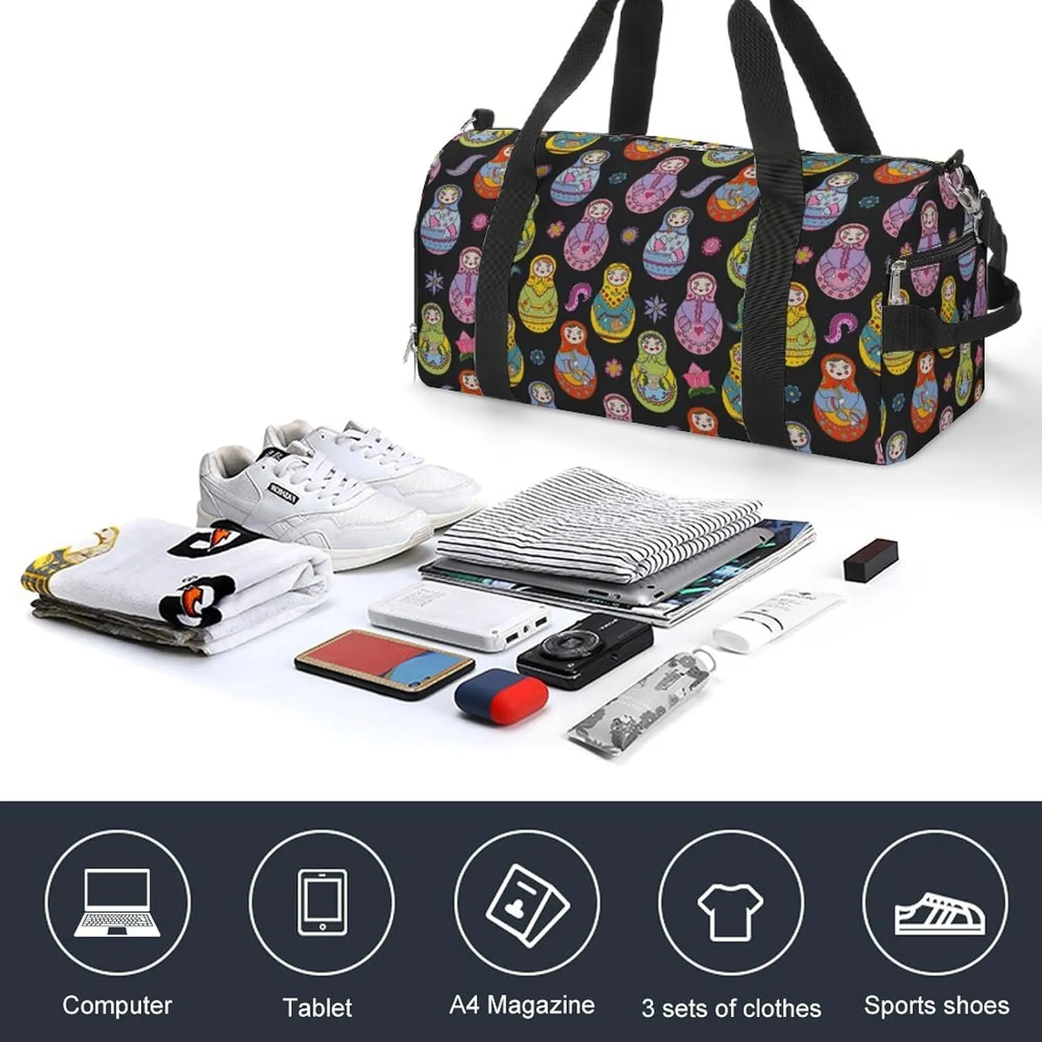 Gym Duffel Bag with Shoe Compartment Wet Pocket, Russian Matryoshka Travel Bag for Men Women