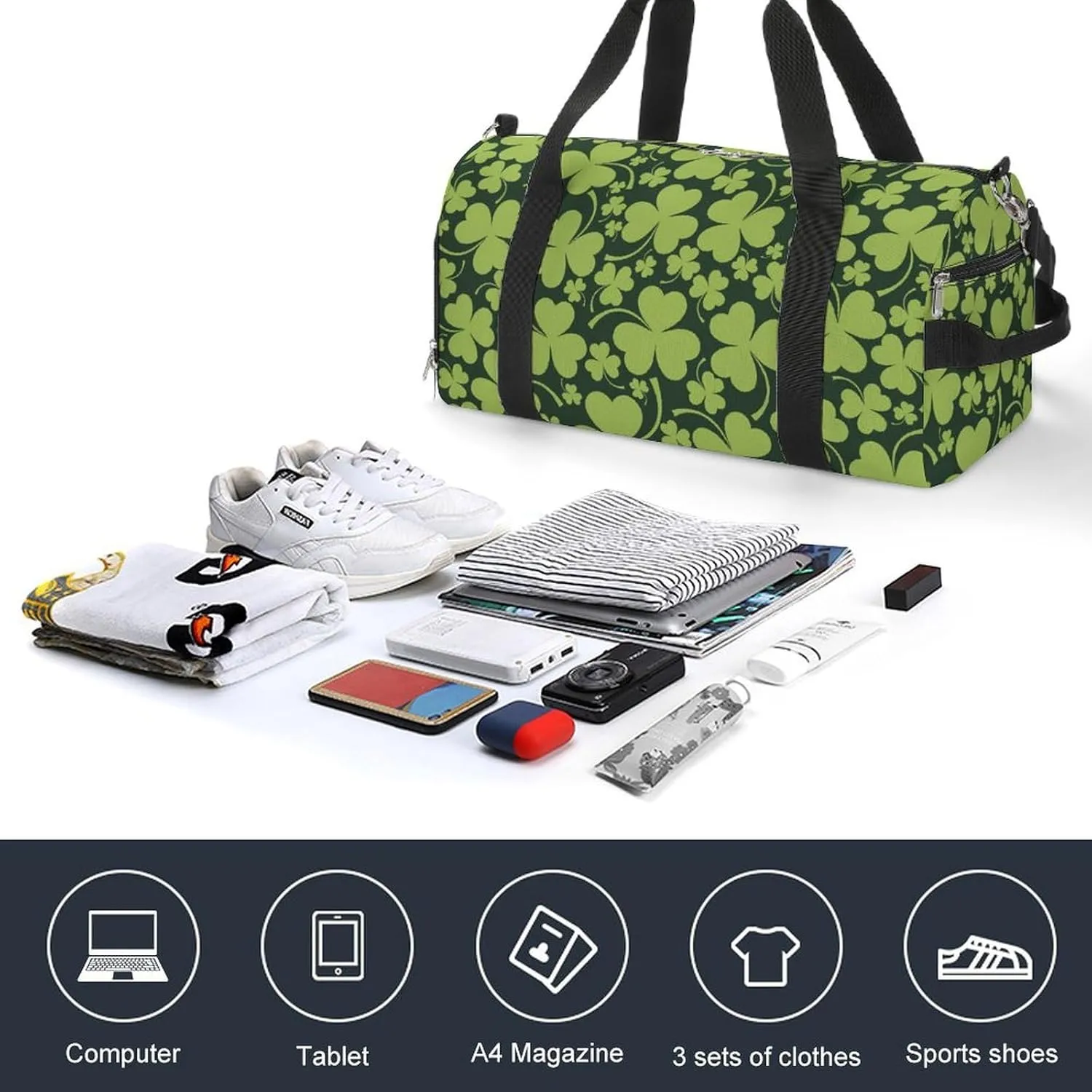Gym Duffel Bag with Shoe Compartment Wet Pocket, Shamrocks Print Travel Bag for Men Women, style-2
