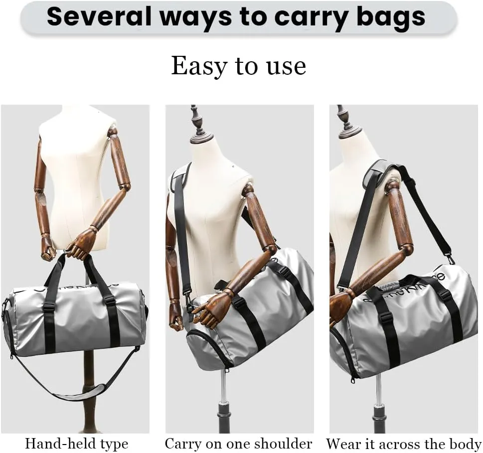 Gym Duffle Bag for Men Women with Shoe and Wet Compartment Sport Workout Waterproof Bags Large for Fitness Yoga Swimming Traveling Duffel (Silver)