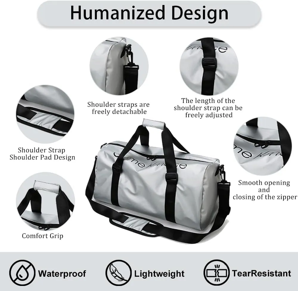 Gym Duffle Bag for Men Women with Shoe and Wet Compartment Sport Workout Waterproof Bags Large for Fitness Yoga Swimming Traveling Duffel (Silver)