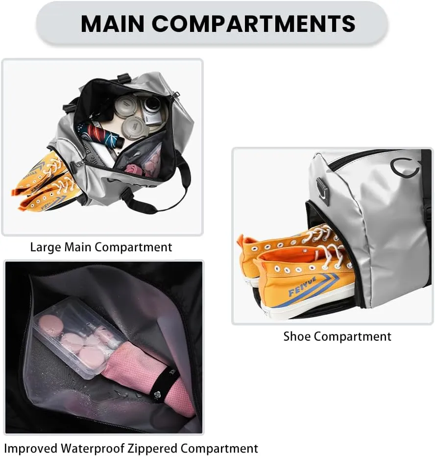 Gym Duffle Bag for Men Women with Shoe and Wet Compartment Sport Workout Waterproof Bags Large for Fitness Yoga Swimming Traveling Duffel (Silver)