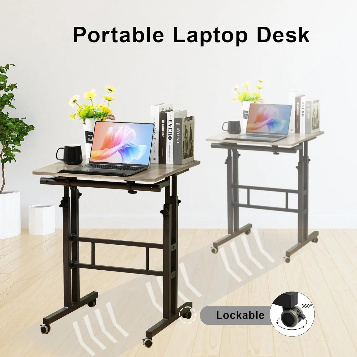 Hadulcet Mobile Standing Desk with Charging Station, Adjustable Standing Computer Desk, Standing Adjustable Laptop Cart with Wheels for Home Office Classroom Light Grey