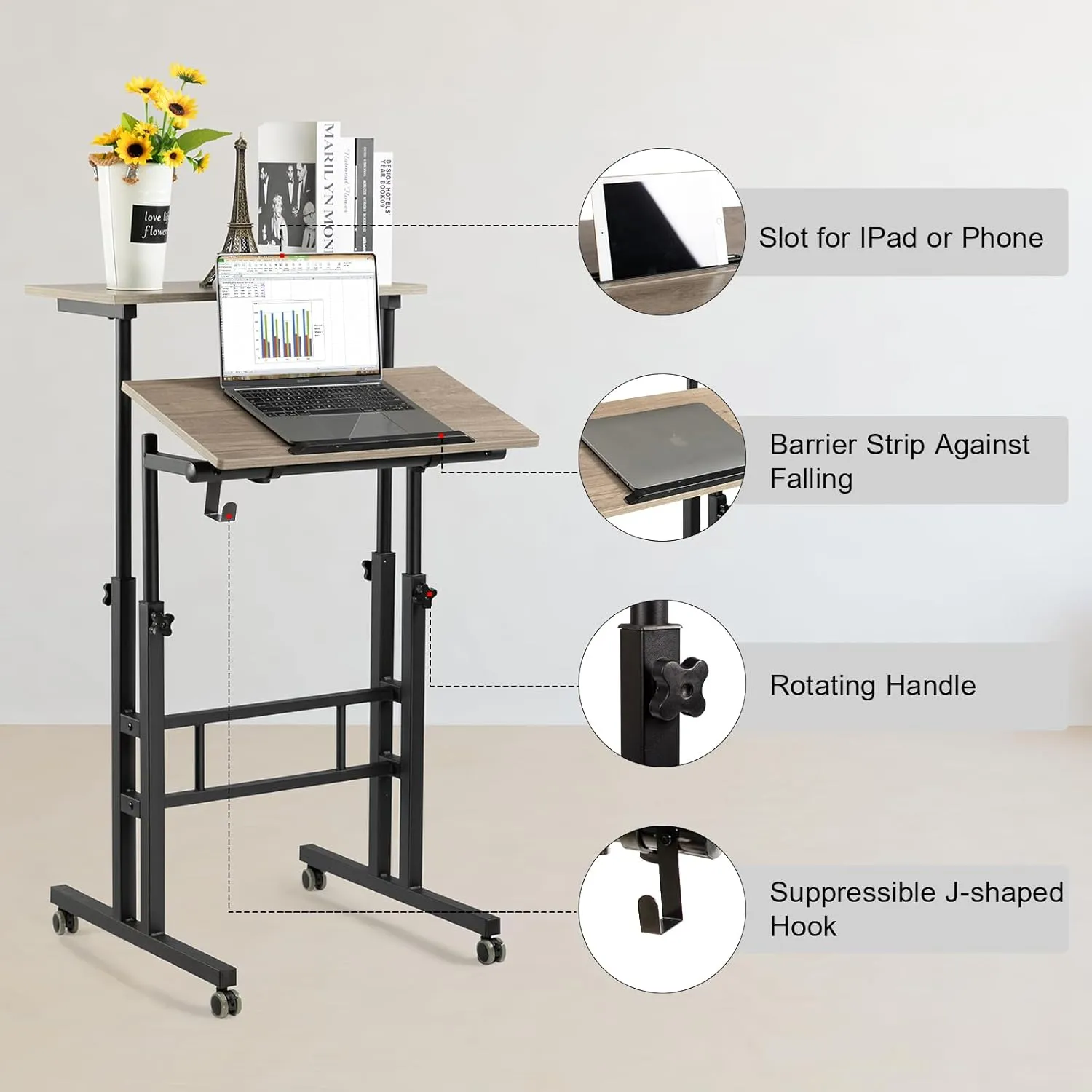 Hadulcet Mobile Standing Desk with Charging Station, Adjustable Standing Computer Desk, Standing Adjustable Laptop Cart with Wheels for Home Office Classroom Light Grey