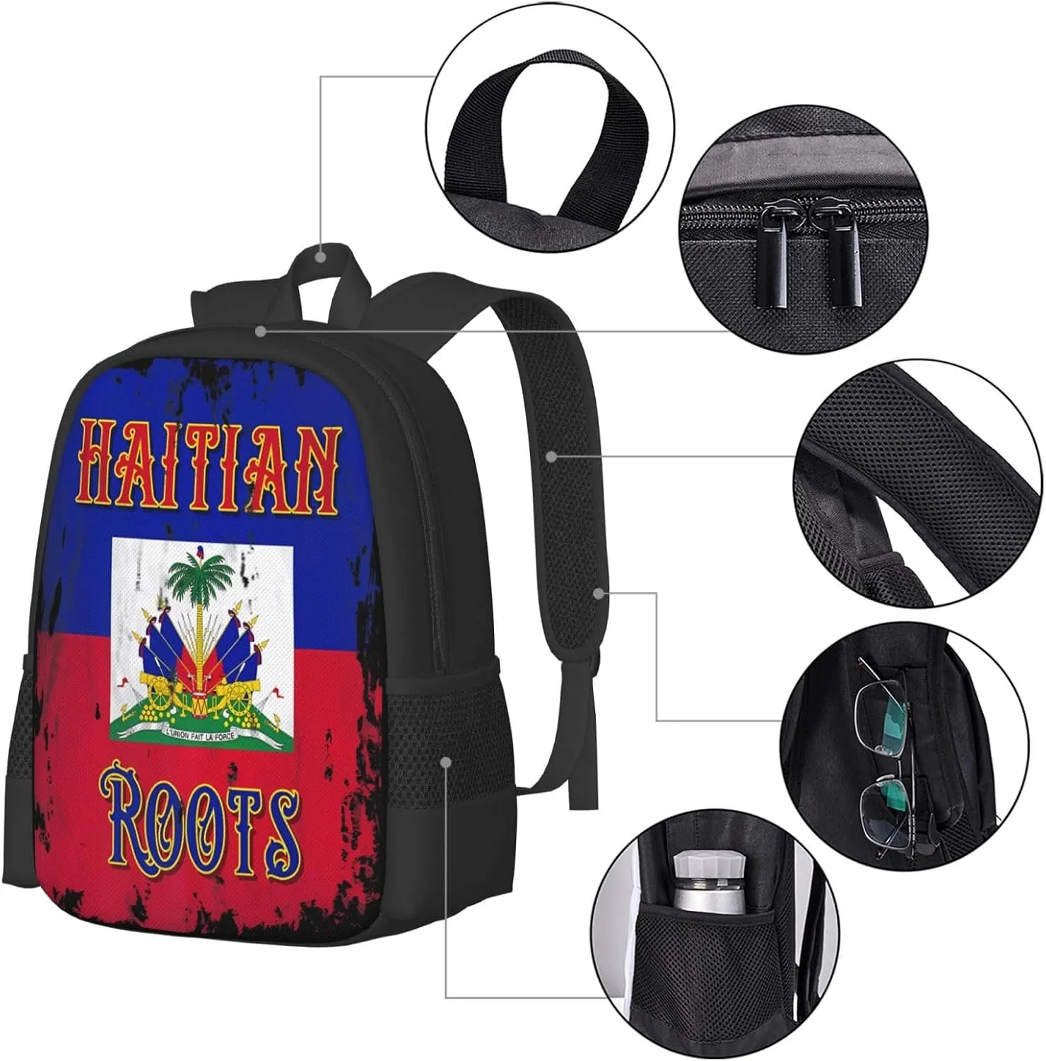 Haitian Roots Haiti Flag Casual Backpack Large Capacity Backpacks 15 Inch Laptop Back Pack Travel Rucksack Daypack Commuter Bags with Adjustable Strap for Camping