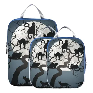 Halloween Black Cats on Tree in Night with White Full moon 3 Piece set Cubes Expandable Adjustable Luggage Packing Bags, Ultralight Organizer Accessories Travel Suitcase Compressible Bags