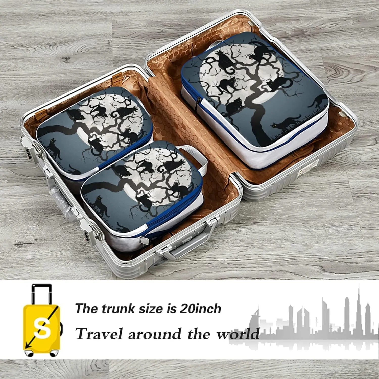 Halloween Black Cats on Tree in Night with White Full moon 3 Piece set Cubes Expandable Adjustable Luggage Packing Bags, Ultralight Organizer Accessories Travel Suitcase Compressible Bags