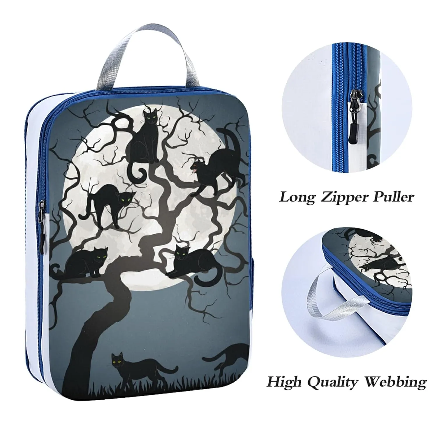 Halloween Black Cats on Tree in Night with White Full moon 3 Piece set Cubes Expandable Adjustable Luggage Packing Bags, Ultralight Organizer Accessories Travel Suitcase Compressible Bags
