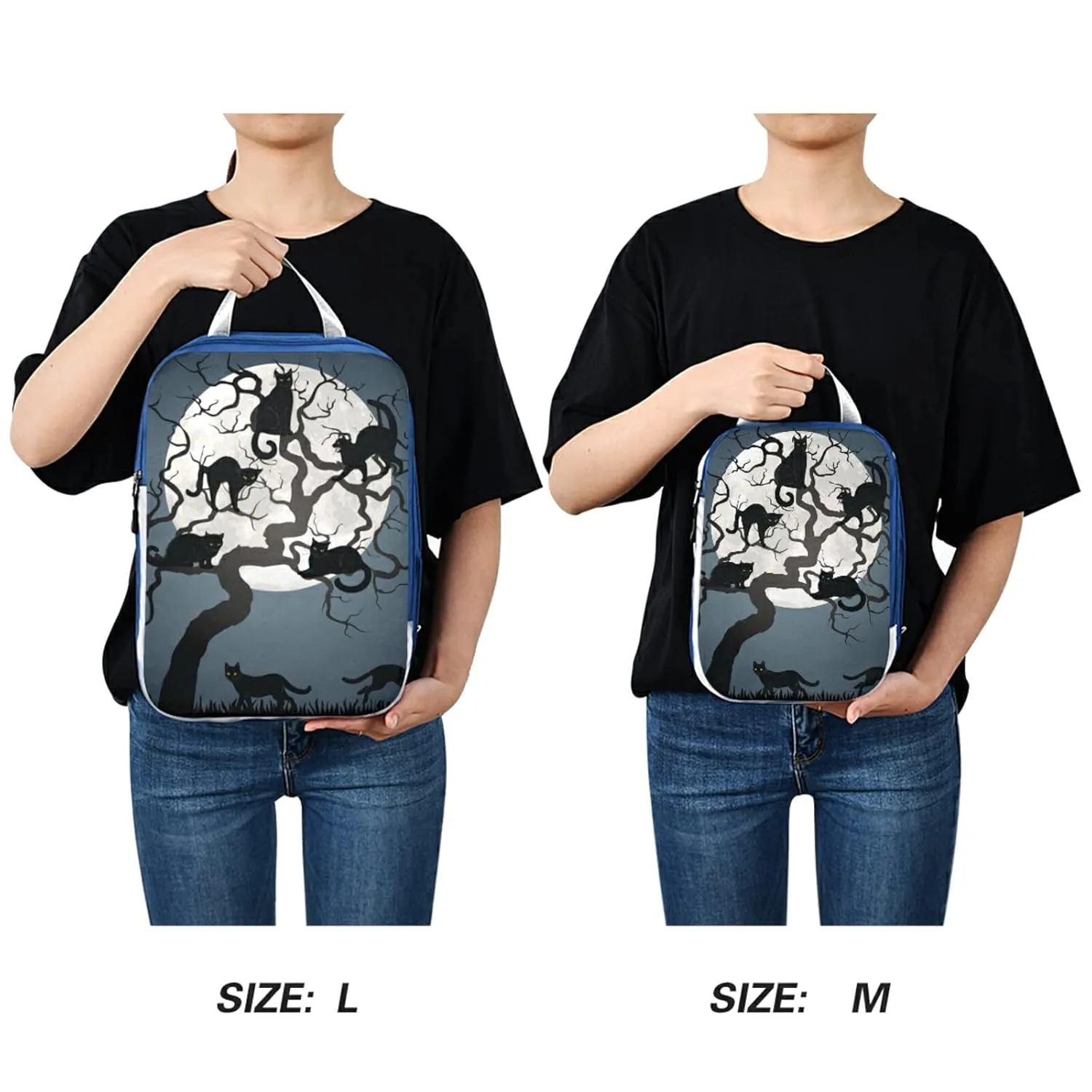 Halloween Black Cats on Tree in Night with White Full moon 3 Piece set Cubes Expandable Adjustable Luggage Packing Bags, Ultralight Organizer Accessories Travel Suitcase Compressible Bags