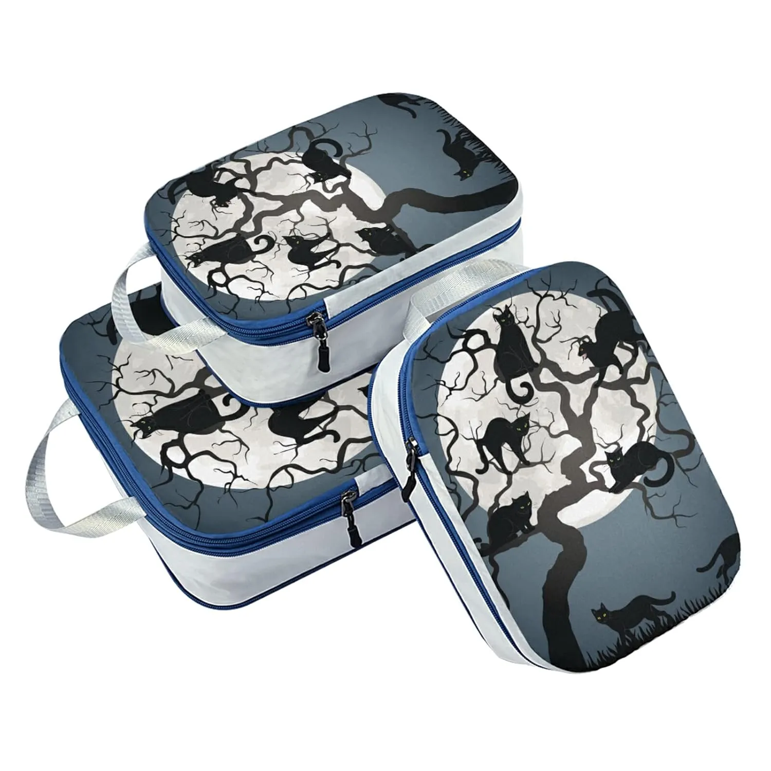 Halloween Black Cats on Tree in Night with White Full moon 3 Piece set Cubes Expandable Adjustable Luggage Packing Bags, Ultralight Organizer Accessories Travel Suitcase Compressible Bags