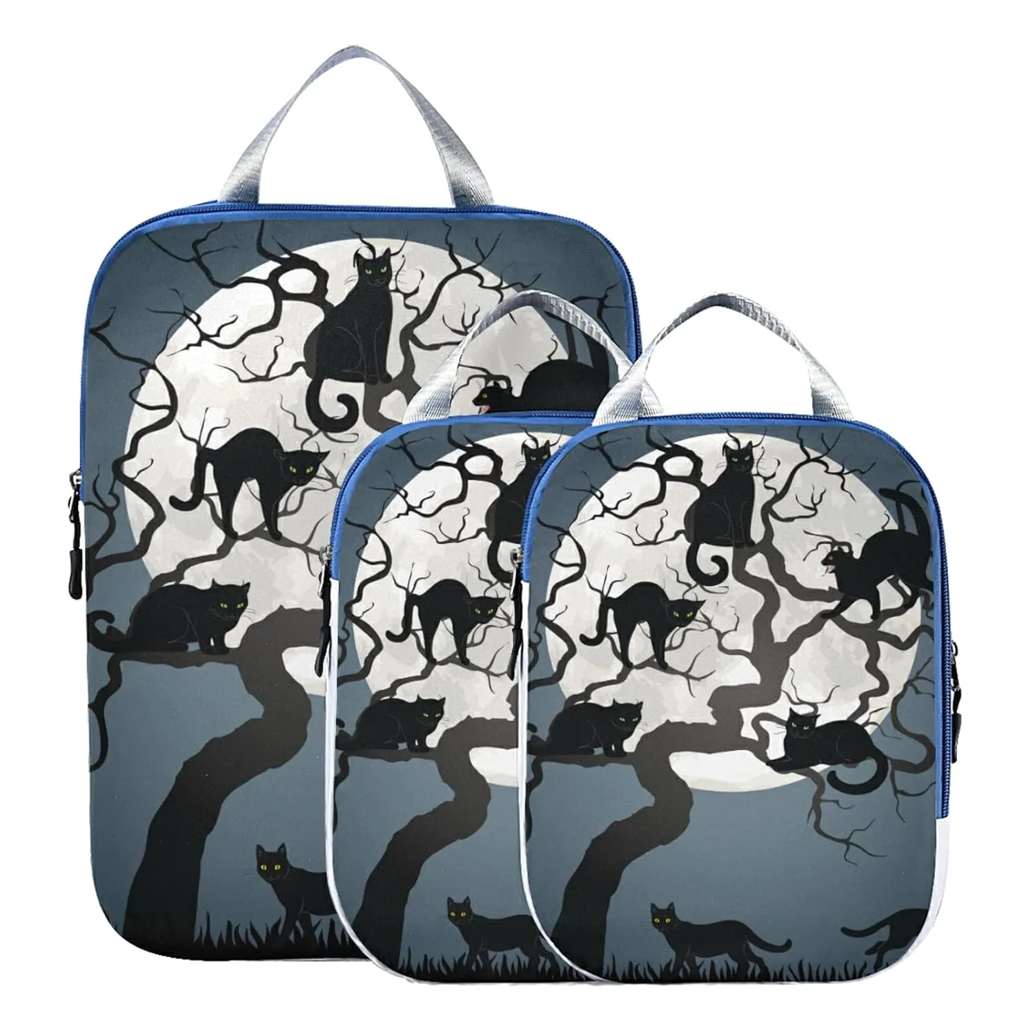 Halloween Black Cats on Tree in Night with White Full moon 3 Piece set Cubes Expandable Adjustable Luggage Packing Bags, Ultralight Organizer Accessories Travel Suitcase Compressible Bags