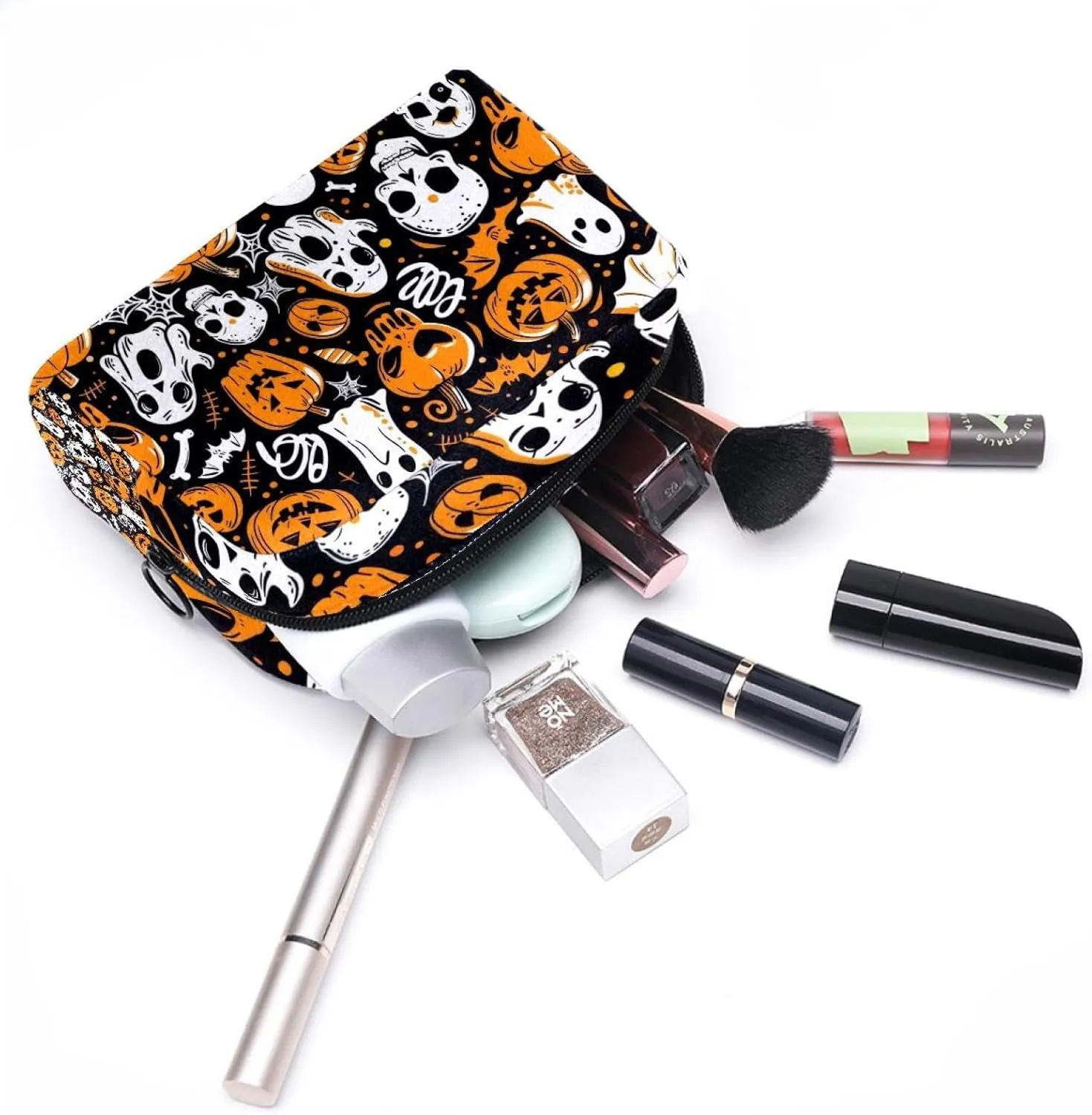 Halloween Orange Pumpkins Skulls Bats Spiders Ghosts Pattern Cosmetic Makeup Bags, Small Travel Zipper Pouch Portable Toiletry Bag Makeup Organizer for Women Teen Girls