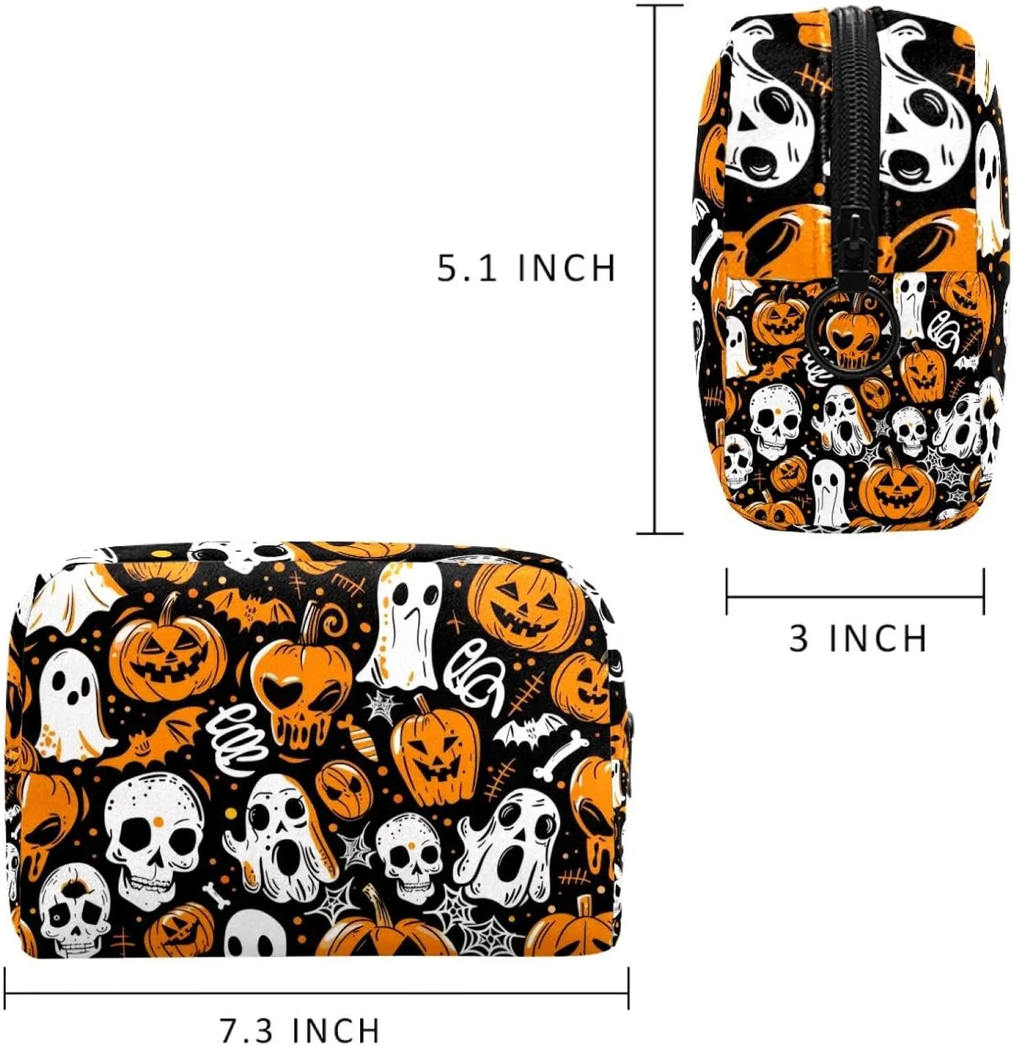 Halloween Orange Pumpkins Skulls Bats Spiders Ghosts Pattern Cosmetic Makeup Bags, Small Travel Zipper Pouch Portable Toiletry Bag Makeup Organizer for Women Teen Girls