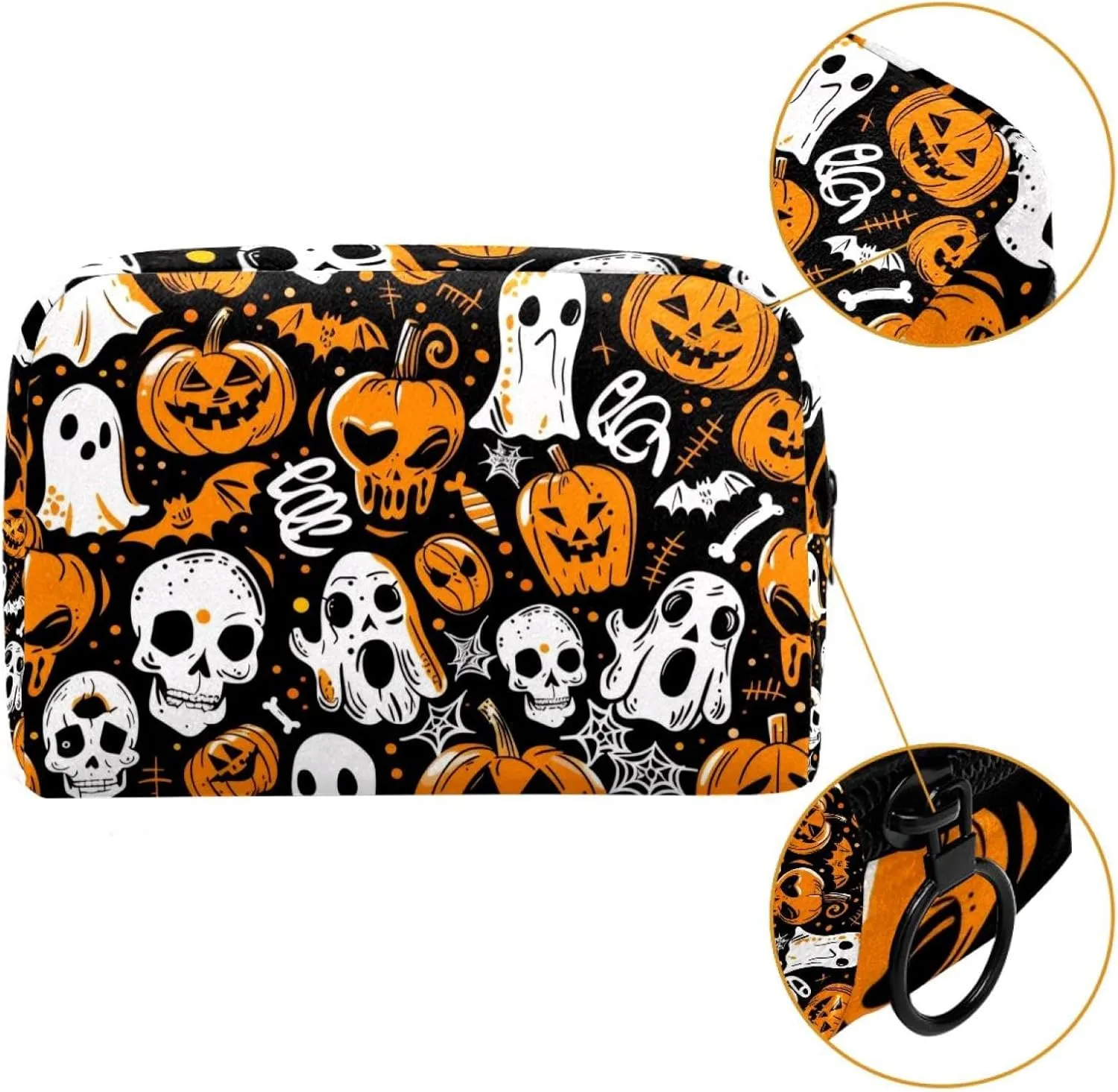 Halloween Orange Pumpkins Skulls Bats Spiders Ghosts Pattern Cosmetic Makeup Bags, Small Travel Zipper Pouch Portable Toiletry Bag Makeup Organizer for Women Teen Girls
