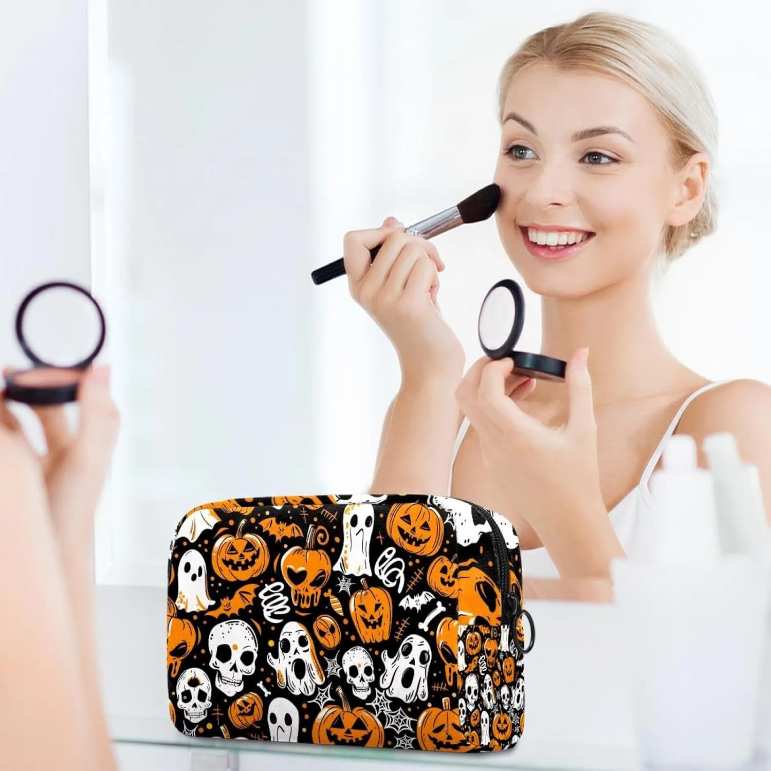 Halloween Orange Pumpkins Skulls Bats Spiders Ghosts Pattern Cosmetic Makeup Bags, Small Travel Zipper Pouch Portable Toiletry Bag Makeup Organizer for Women Teen Girls
