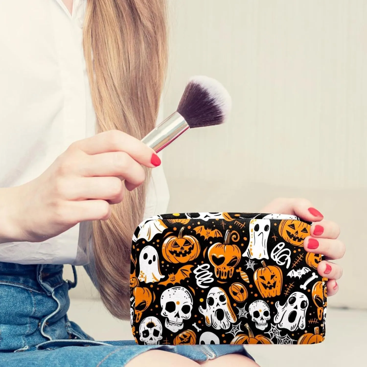 Halloween Orange Pumpkins Skulls Bats Spiders Ghosts Pattern Cosmetic Makeup Bags, Small Travel Zipper Pouch Portable Toiletry Bag Makeup Organizer for Women Teen Girls