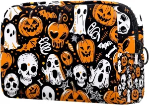 Halloween Orange Pumpkins Skulls Bats Spiders Ghosts Pattern Cosmetic Makeup Bags, Small Travel Zipper Pouch Portable Toiletry Bag Makeup Organizer for Women Teen Girls