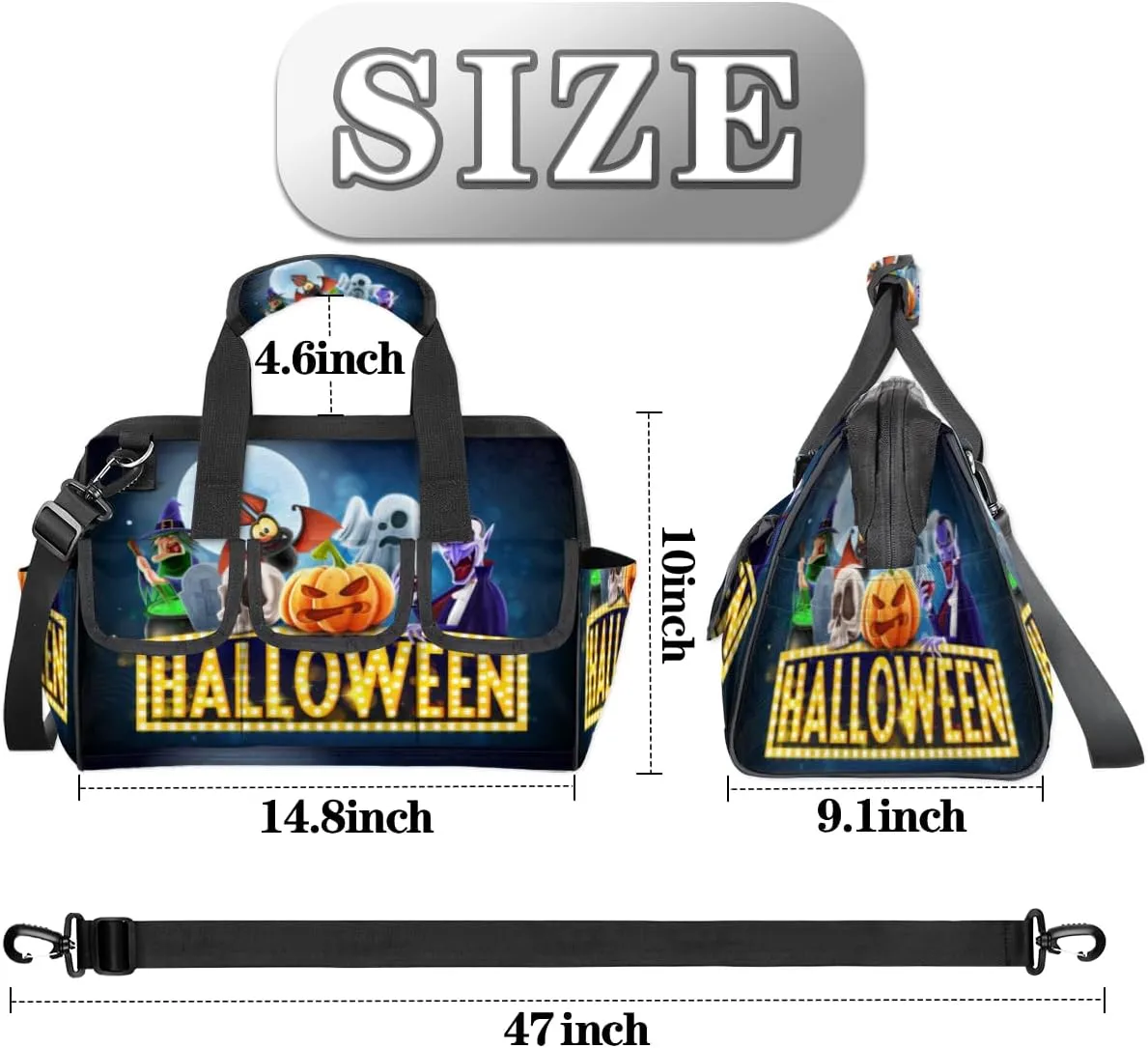 Halloween Topic Tool Bag 14.8 Inch Wide Mouth Tool Storage Tote Bag with Multi-Pockets Waterproof Heavy Duty Tool Bag Organizer with Adjustable Shoulder Strap