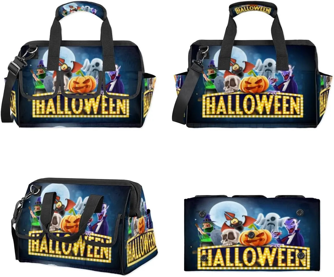 Halloween Topic Tool Bag 14.8 Inch Wide Mouth Tool Storage Tote Bag with Multi-Pockets Waterproof Heavy Duty Tool Bag Organizer with Adjustable Shoulder Strap