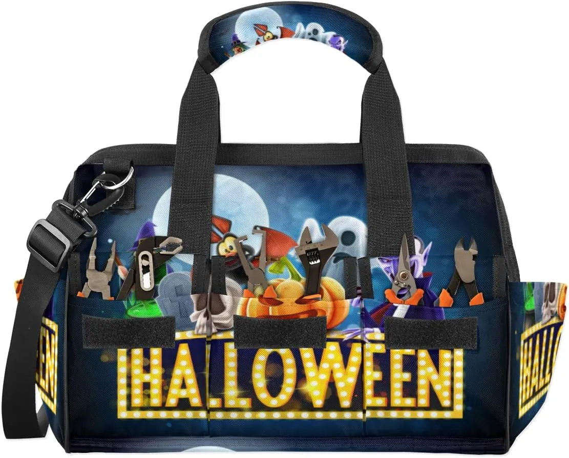 Halloween Topic Tool Bag 14.8 Inch Wide Mouth Tool Storage Tote Bag with Multi-Pockets Waterproof Heavy Duty Tool Bag Organizer with Adjustable Shoulder Strap