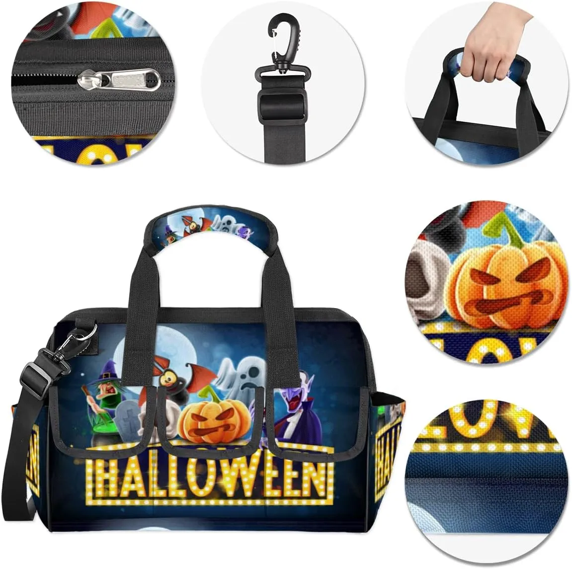 Halloween Topic Tool Bag 14.8 Inch Wide Mouth Tool Storage Tote Bag with Multi-Pockets Waterproof Heavy Duty Tool Bag Organizer with Adjustable Shoulder Strap