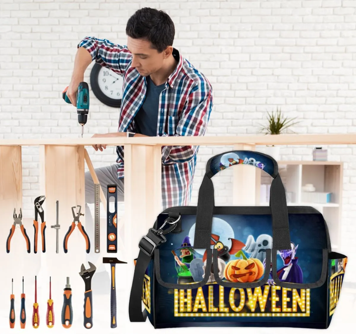 Halloween Topic Tool Bag 14.8 Inch Wide Mouth Tool Storage Tote Bag with Multi-Pockets Waterproof Heavy Duty Tool Bag Organizer with Adjustable Shoulder Strap