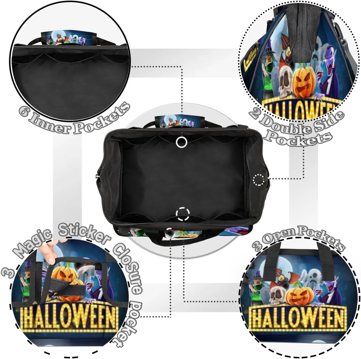Halloween Topic Tool Bag 14.8 Inch Wide Mouth Tool Storage Tote Bag with Multi-Pockets Waterproof Heavy Duty Tool Bag Organizer with Adjustable Shoulder Strap