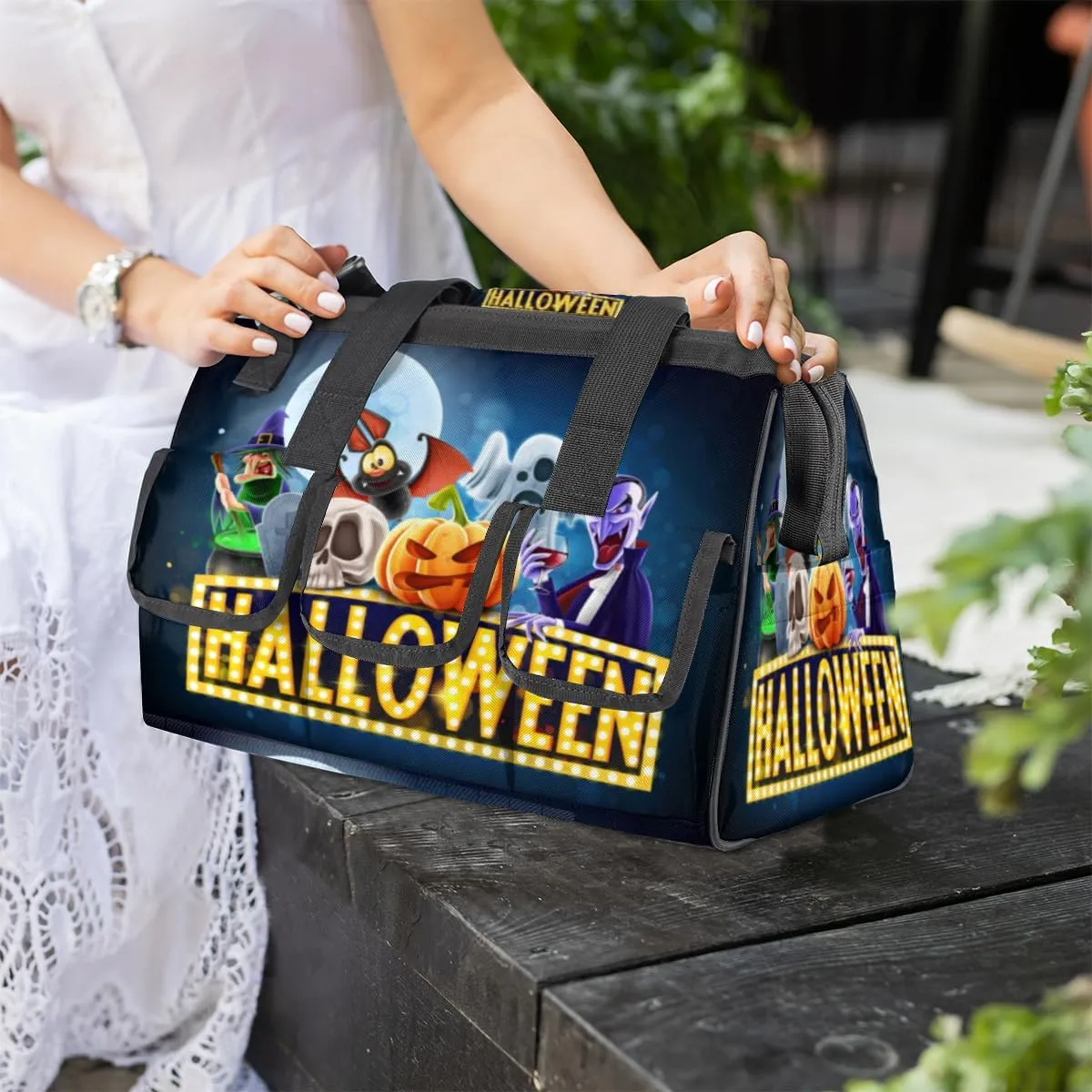 Halloween Topic Tool Bag 14.8 Inch Wide Mouth Tool Storage Tote Bag with Multi-Pockets Waterproof Heavy Duty Tool Bag Organizer with Adjustable Shoulder Strap