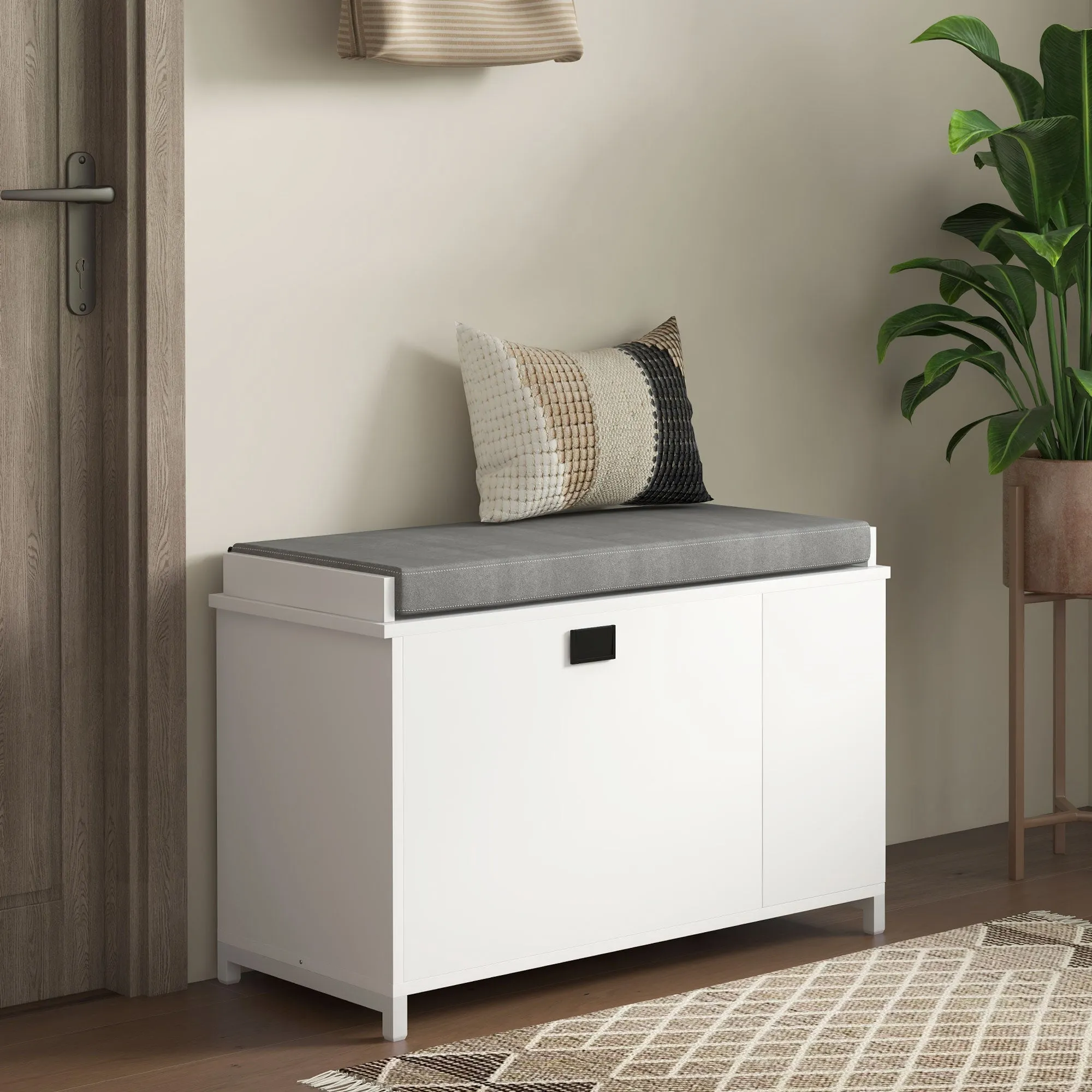Hallway Bench with Shoe Storage Seat White Upholstered Flip Drawer Side Rack for 6 Pairs