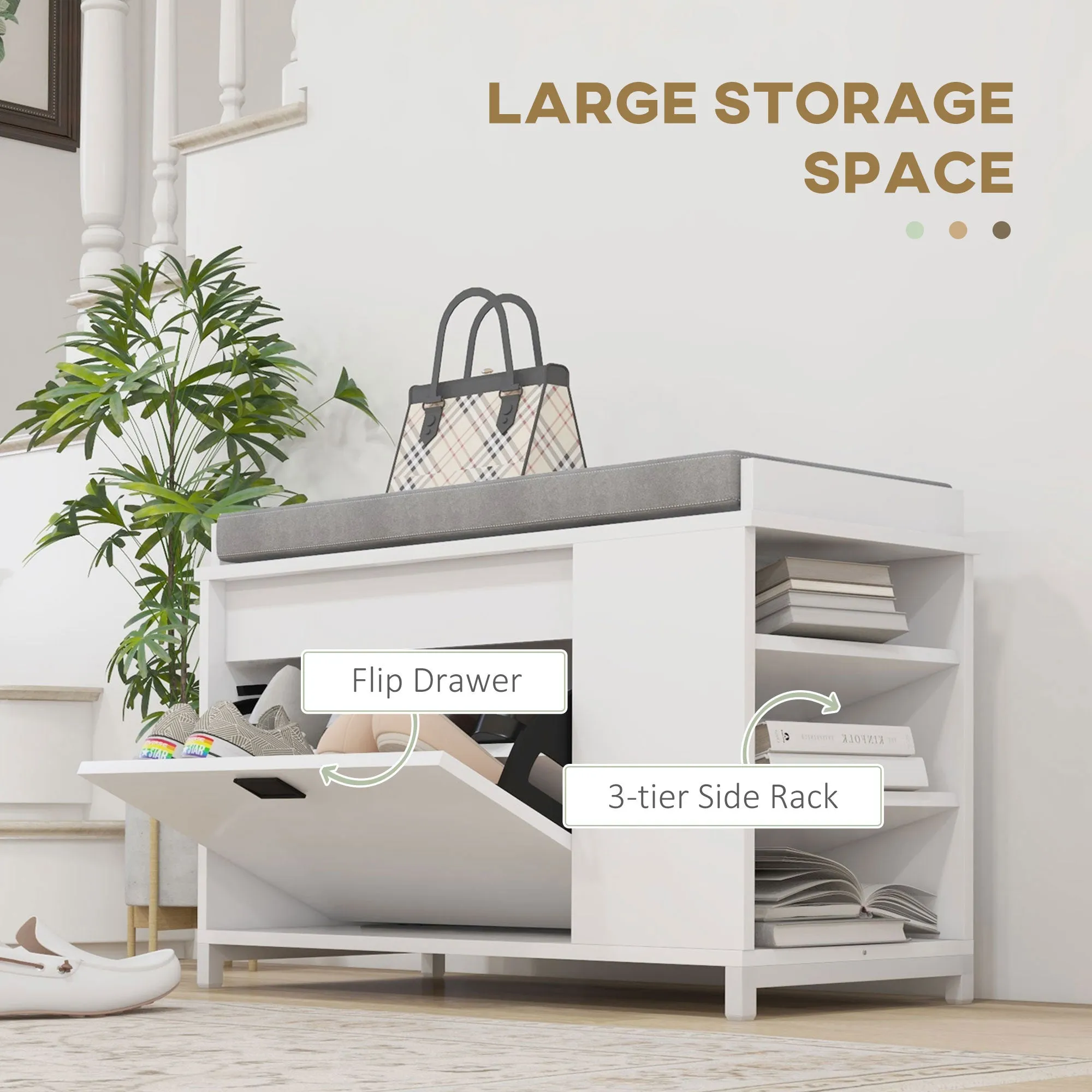 Hallway Bench with Shoe Storage Seat White Upholstered Flip Drawer Side Rack for 6 Pairs