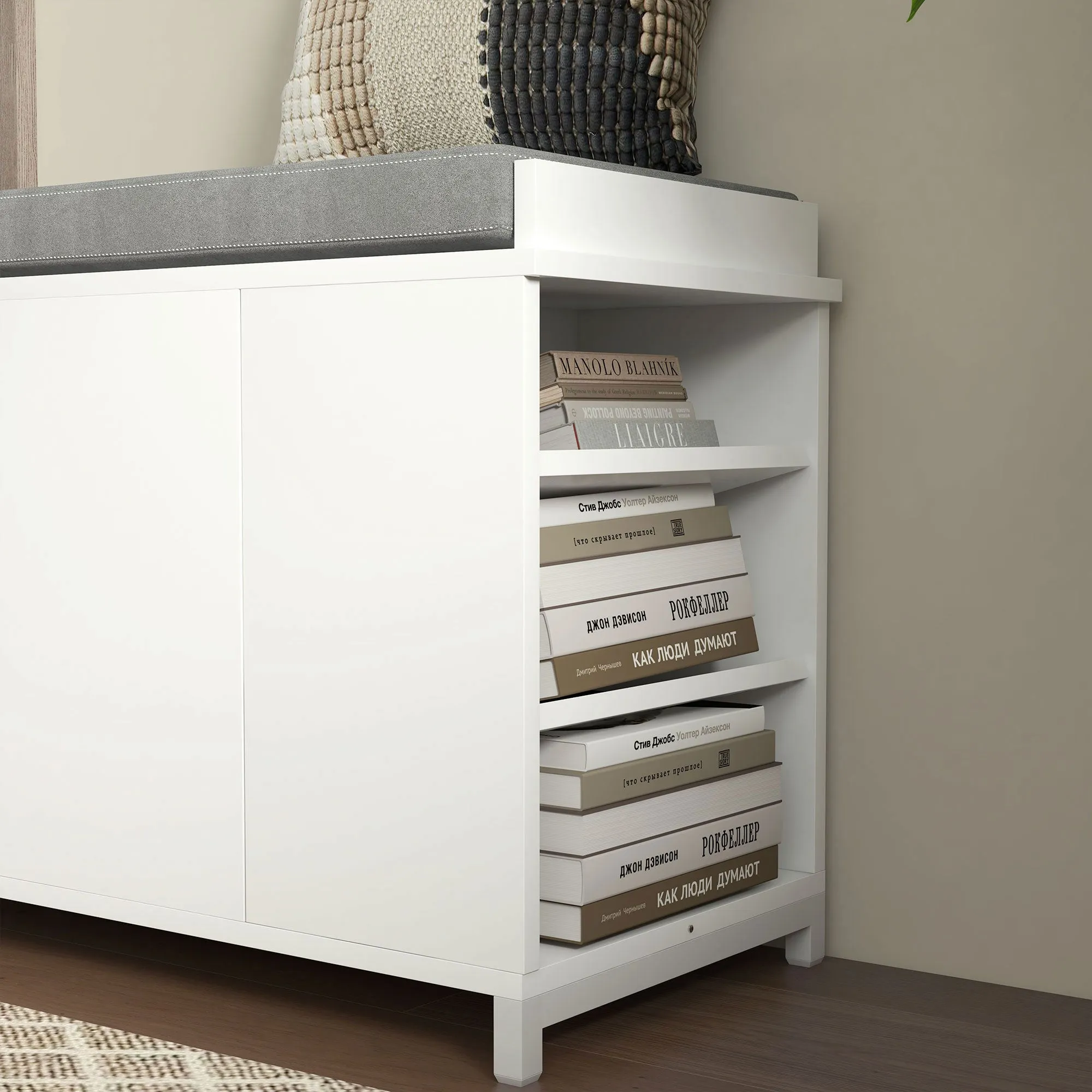 Hallway Bench with Shoe Storage Seat White Upholstered Flip Drawer Side Rack for 6 Pairs