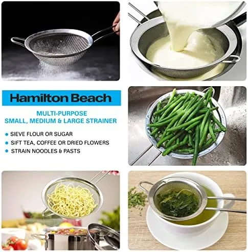 Hamilton Beach Fine Mesh Strainer - Stainless Steel Fine Mesh Sieve - Set of 3 Strainers for Baking, Pasta, Rice, Flour & Vegetable, Tea Sifter, Food Strainer with Long Handle - Perfect Kitchen Tool