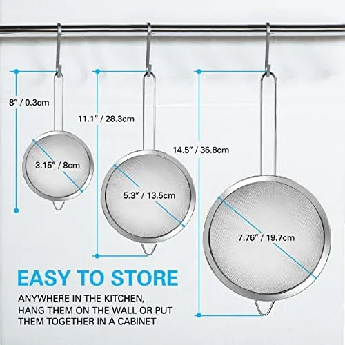 Hamilton Beach Fine Mesh Strainer - Stainless Steel Fine Mesh Sieve - Set of 3 Strainers for Baking, Pasta, Rice, Flour & Vegetable, Tea Sifter, Food Strainer with Long Handle - Perfect Kitchen Tool