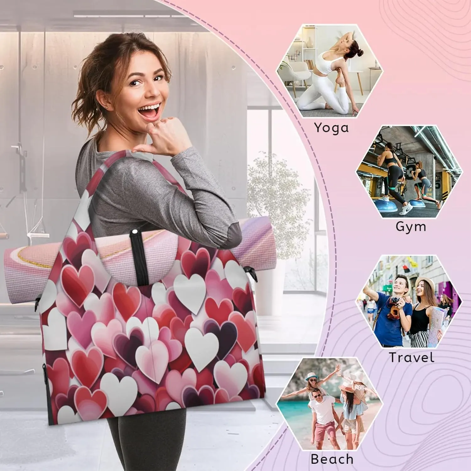 Heart Fusion Mix Waterproof Gym Bag for Men Women, Sports Duffel Bag with Shoe Compartment Yoga Mat Holder, Portable Large Travel Bag for Fitness, Camping, Weekend Trips