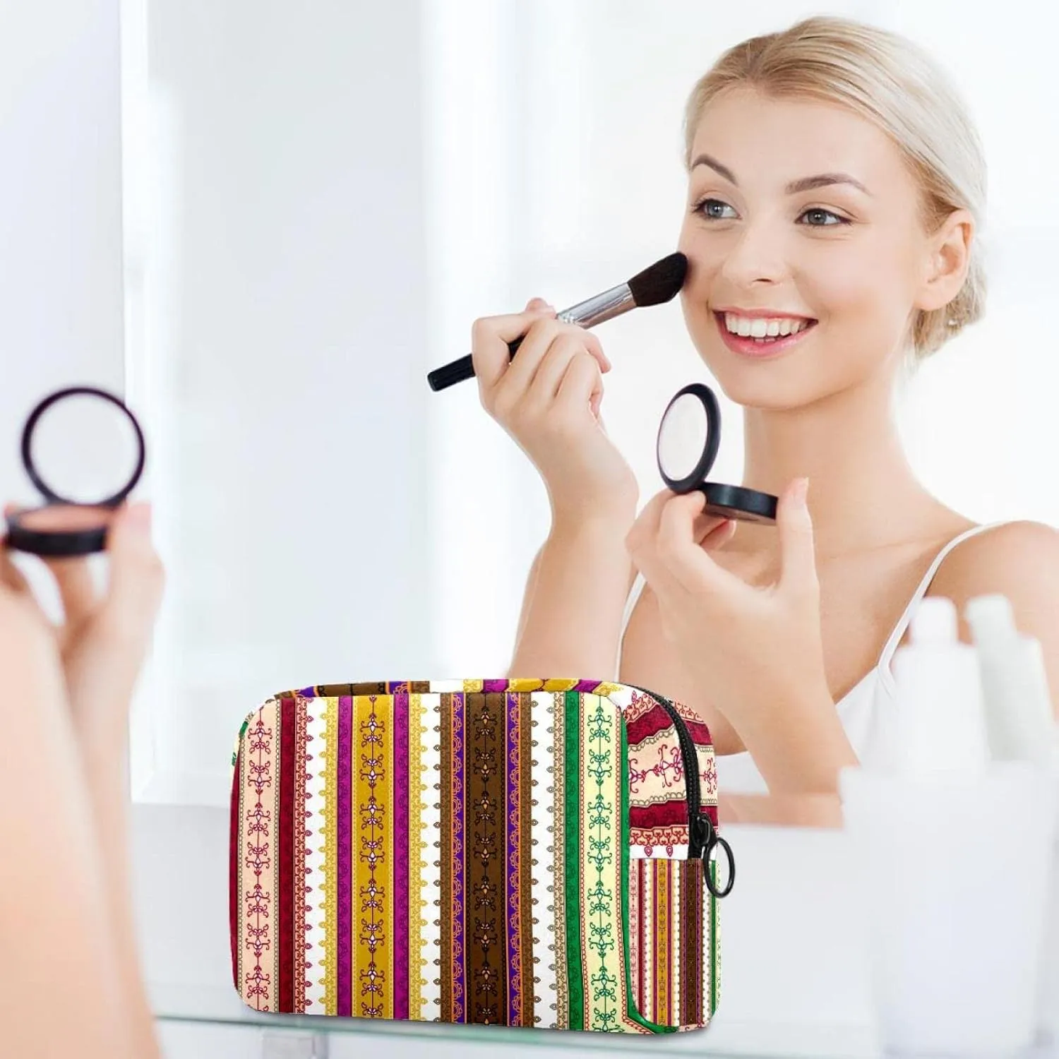 Henna Border Stripe Cosmetic Makeup Bags, Small Travel Zipper Pouch Portable Toiletry Bag Makeup Organizer for Women Teen Girls