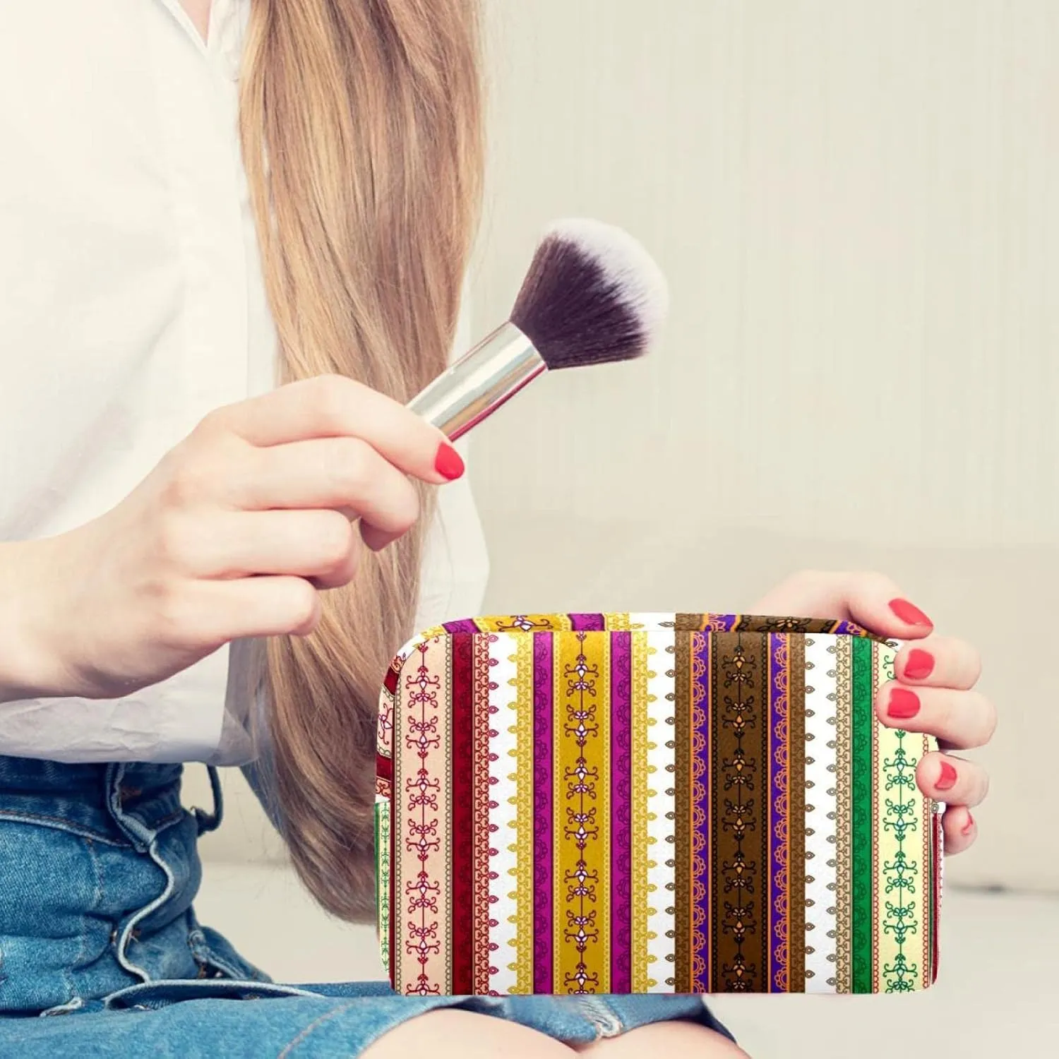 Henna Border Stripe Cosmetic Makeup Bags, Small Travel Zipper Pouch Portable Toiletry Bag Makeup Organizer for Women Teen Girls